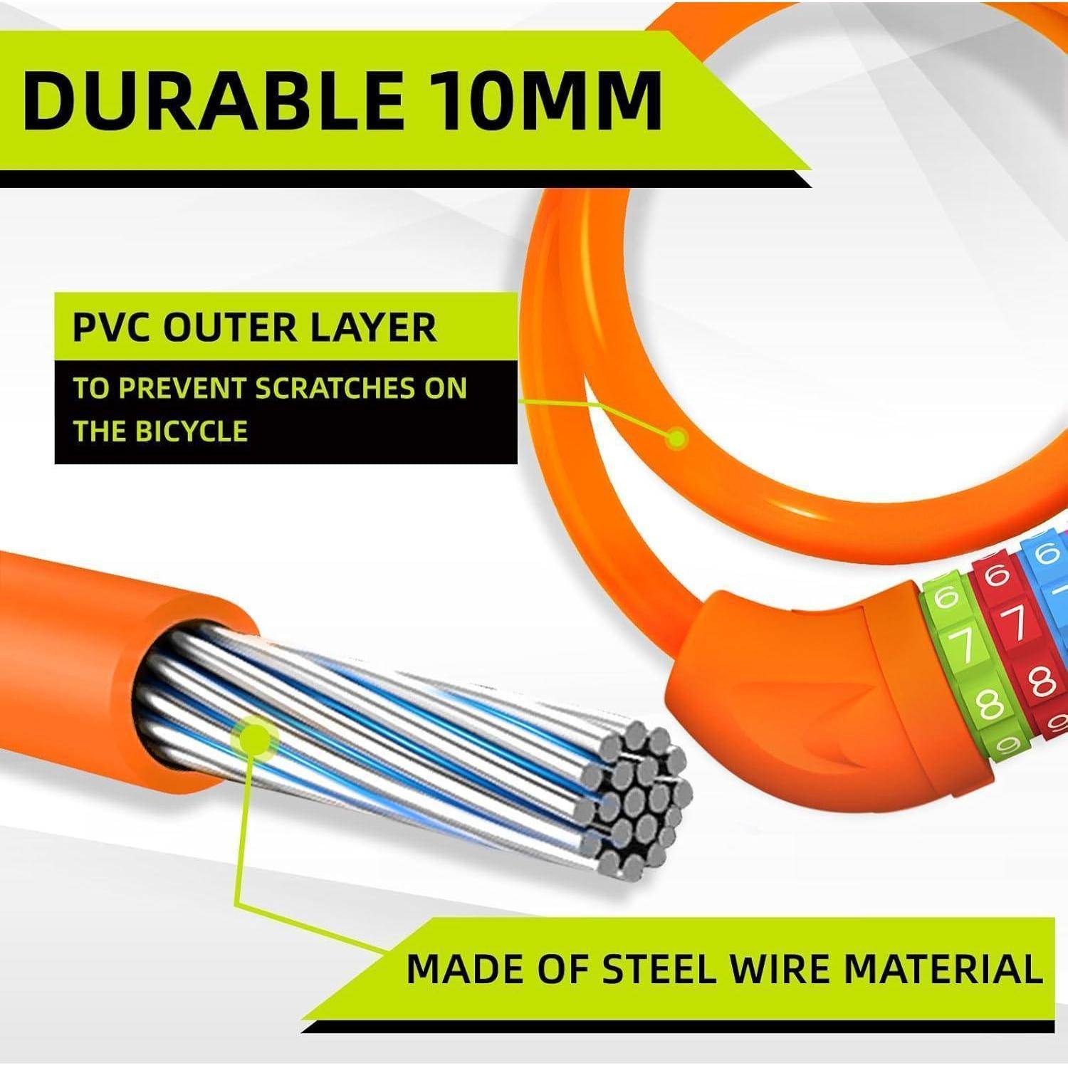 Robustes 10mm-Fahrradschloss mit PVC-Außenschicht zum Schutz vor Fahrradkratzer. Aus Stahldrahtmaterial gefertigt, zeigt Schloss und Querschnitt.