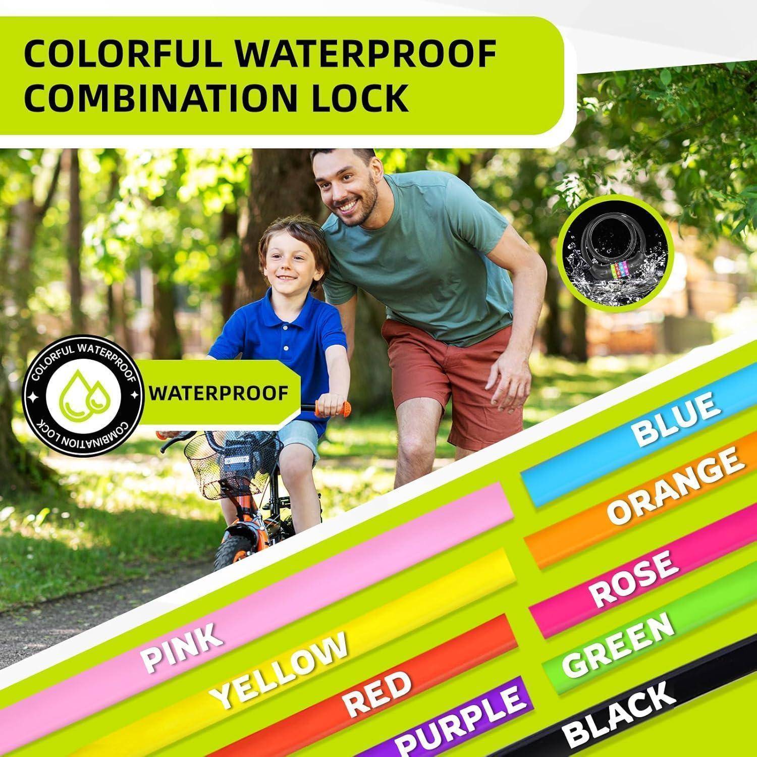 Bunte wasserdichte Zahlenkombinationsschloss mit einem Bild eines lächelnden Erwachsenen und eines Kindes auf einem Fahrrad. Schlossfarben: blau, orange, pink, gelb, rot, lila, grün, schwarz.