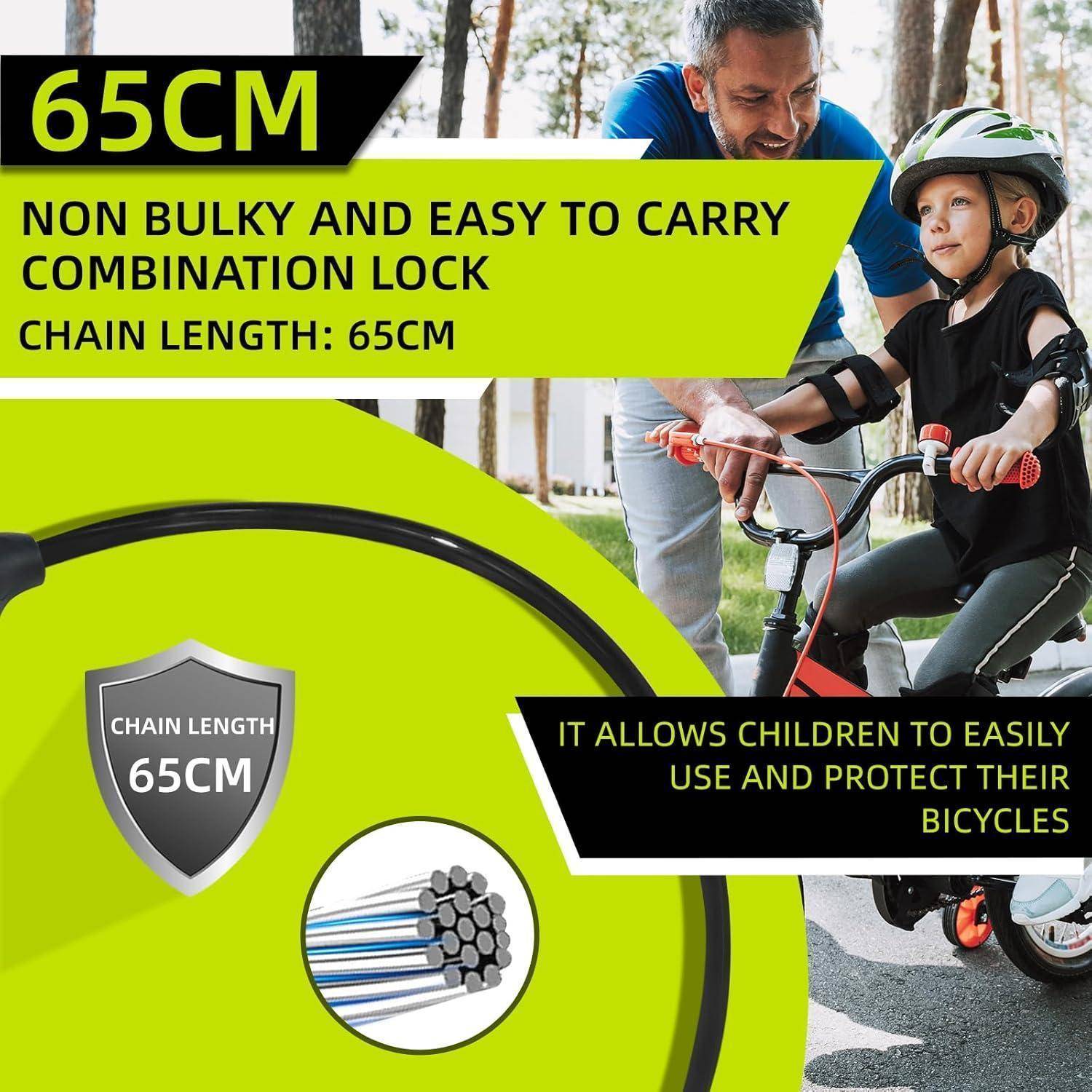 Ein Kind auf einem Fahrrad mit Helm wird von einem Erwachsenen unterstützt. Der Text hebt ein 65 cm langes Kettenschloss hervor, das nicht sperrig ist und Fahrräder schützt.