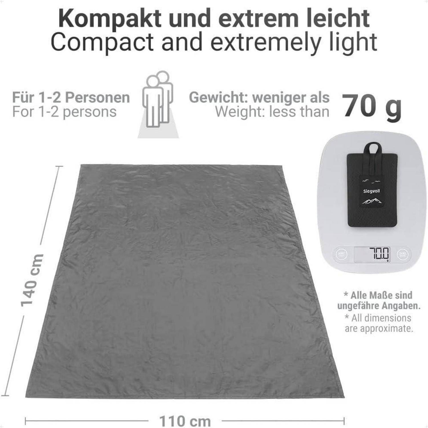 Graue Matte mit Maßen von 140 cm x 110 cm, geeignet für 1-2 Personen. Gewicht beträgt weniger als 70 g. Text: 'Kompakt und extrem leicht'.