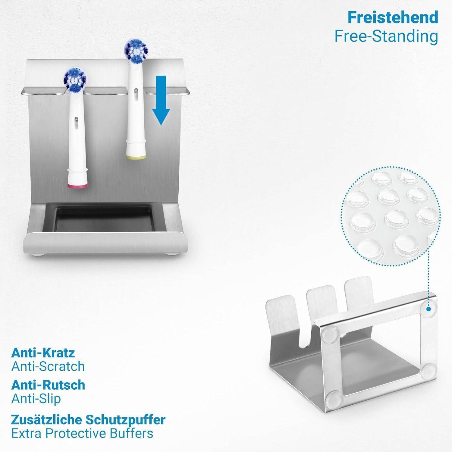Zahnbürstenhalter mit Schutzpuffern, kratz- und rutschfesten Eigenschaften sowie freistehender Konstruktion. Texthervorhebungen in Deutsch und Englisch.