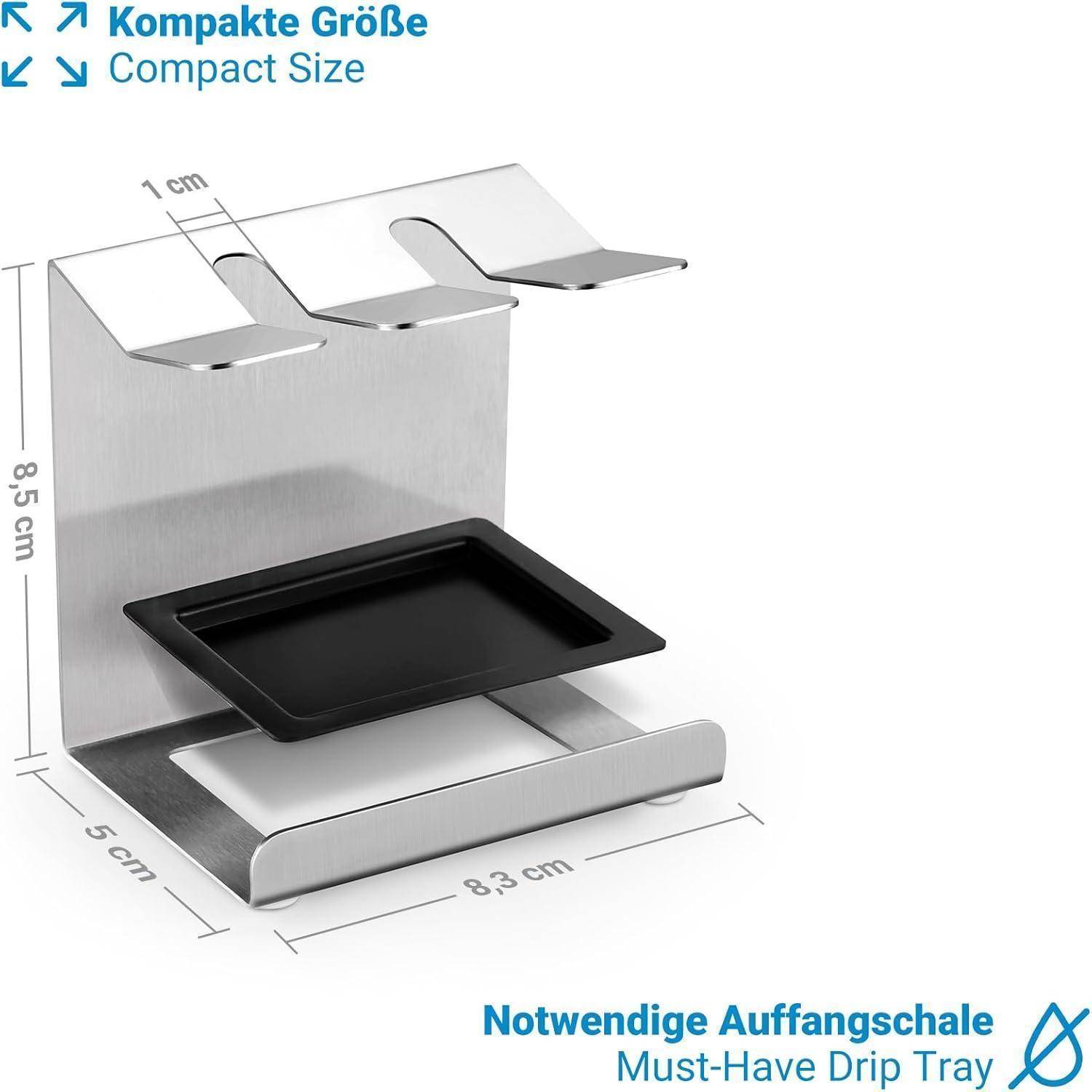 Ein Küchenorganizer aus Edelstahl mit kompakten Abmessungen von 8,5 cm Höhe, 8,3 cm Breite, ausgestattet mit einer notwendigen Abtropfschale.