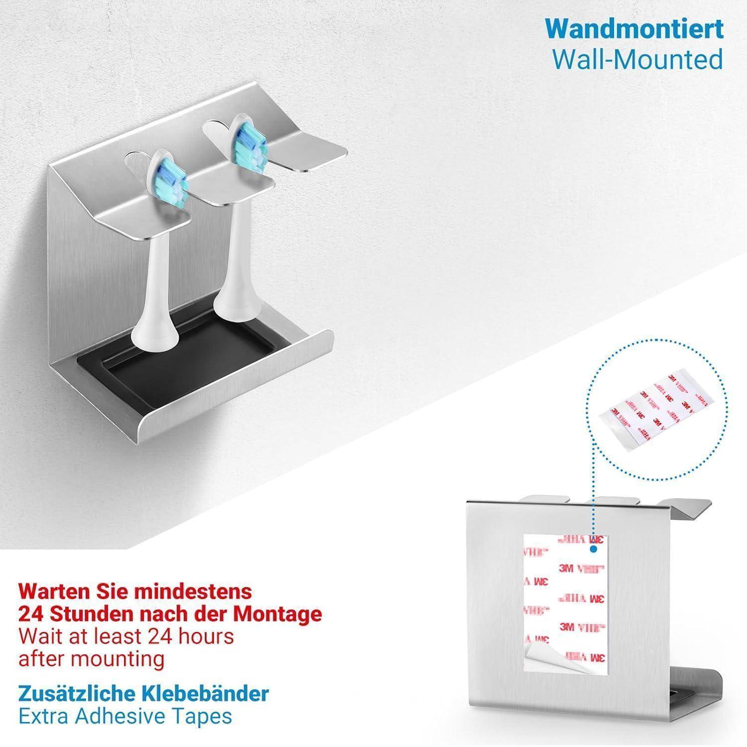Wandmontierter Zahnpastaspender in Silber, mit Halterung für zwei Zahnbürsten. Hinweis: „Nach der Montage mindestens 24 Stunden warten.