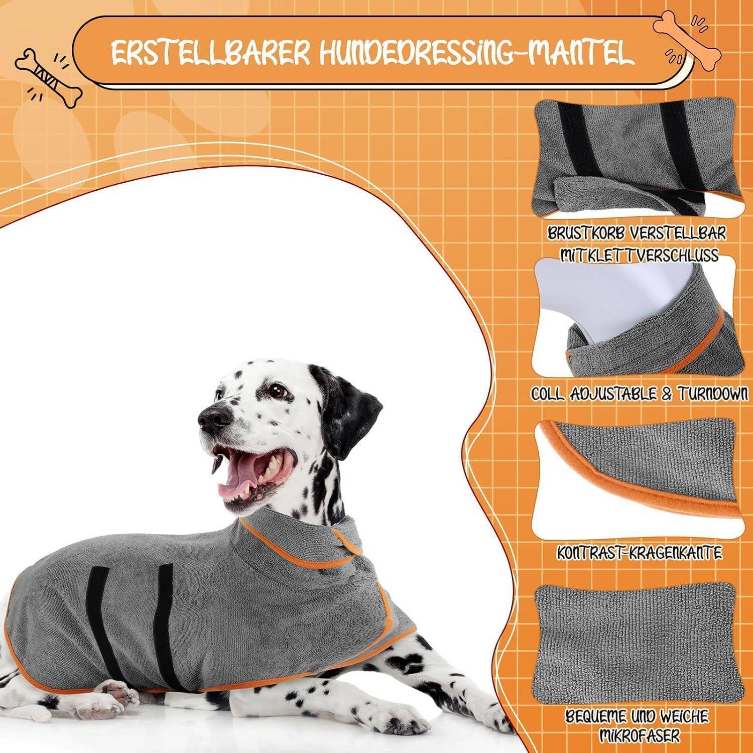 Dalmatiner mit maßgeschneidertem Hundemantel mit verstellbarem Brustschluss, umlegbarem Kragen, Kontrastabschluss, in Grau und Orange.