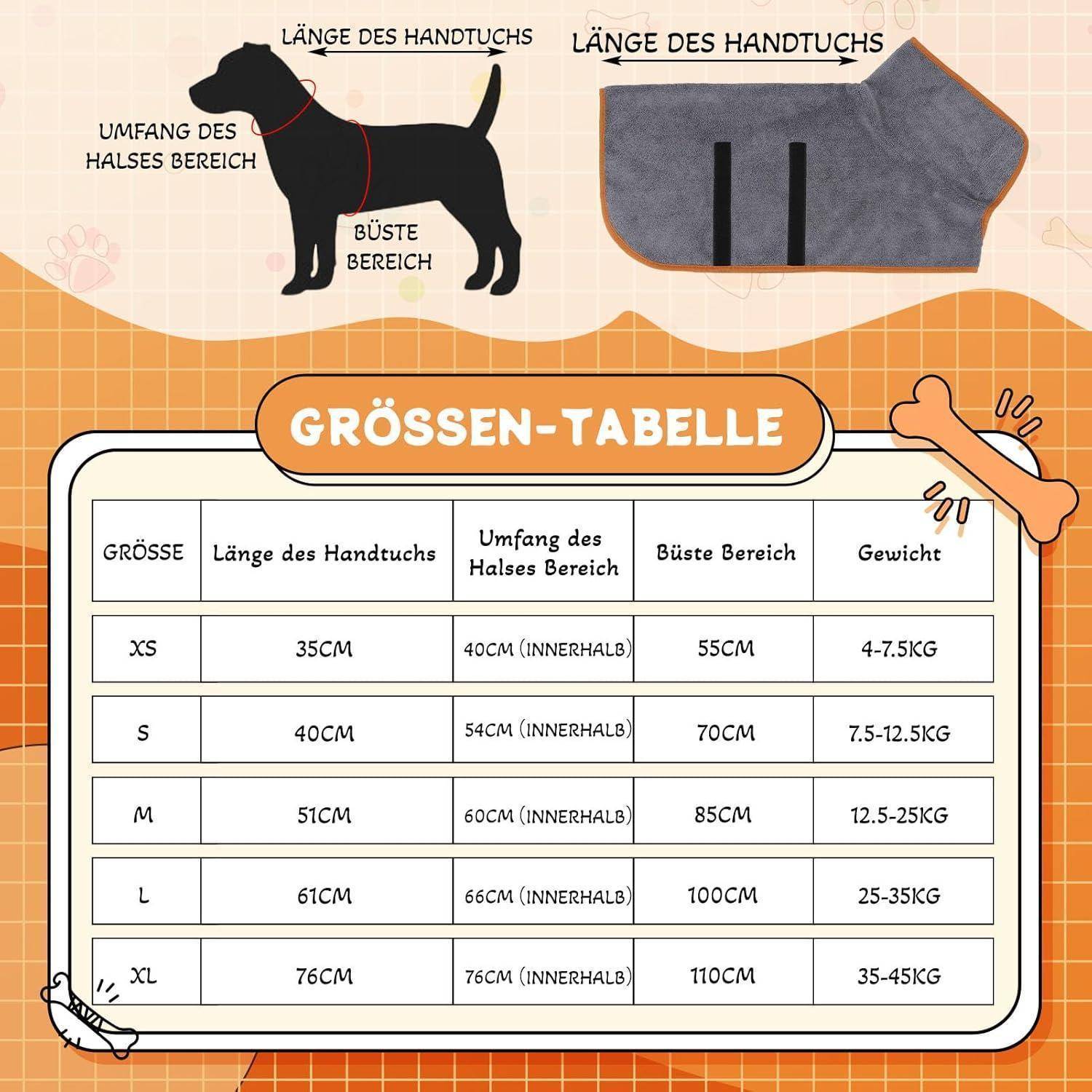Die 'Großen-Tabelle' zeigt Größen für Tierbekleidung und enthält detaillierte Messungen: Länge, Halsumfang, Brustbreite und Gewicht von XS bis XL.