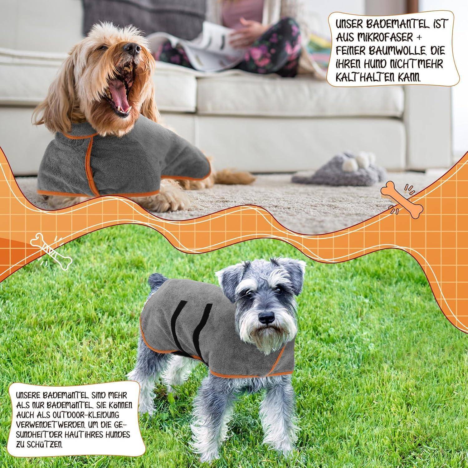 Zwei Hunde tragen graue Bademäntel. Der Text erklärt, dass der Bademantel aus Mikrofaser und Baumwolle besteht, um die Hunde nach dem Bad oder in Außenbereichen warm zu halten.