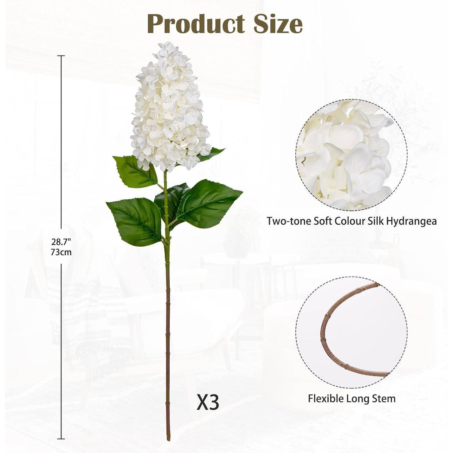 Produktgröße' Bild zeigt eine weiße zweifarbige Hortensienblume mit flexiblem langem Stiel, misst 28,7