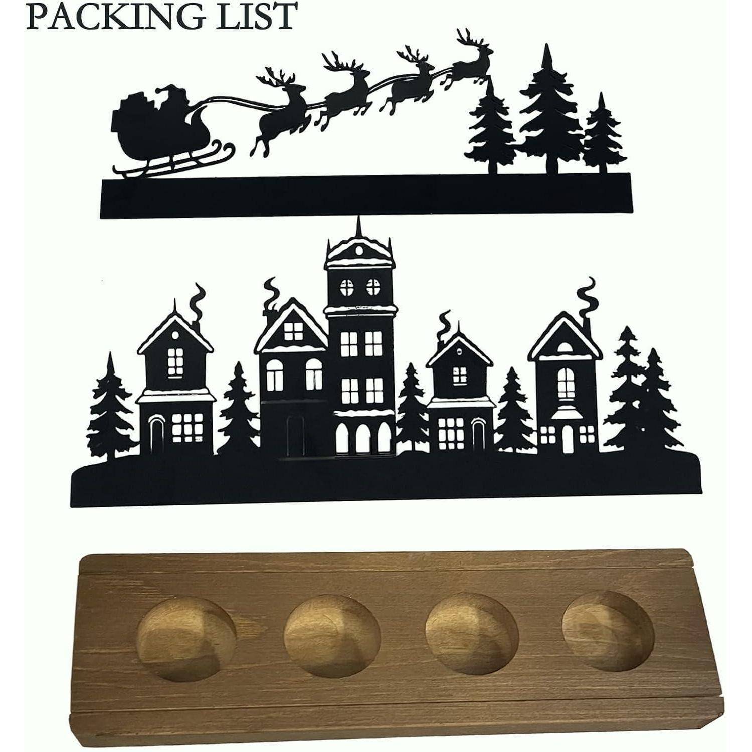 Silhouette eines Schlittens des Weihnachtsmanns mit Rentieren über einer Winterdorfszene. Holzhalter mit vier kreisförmigen Öffnungen darunter.