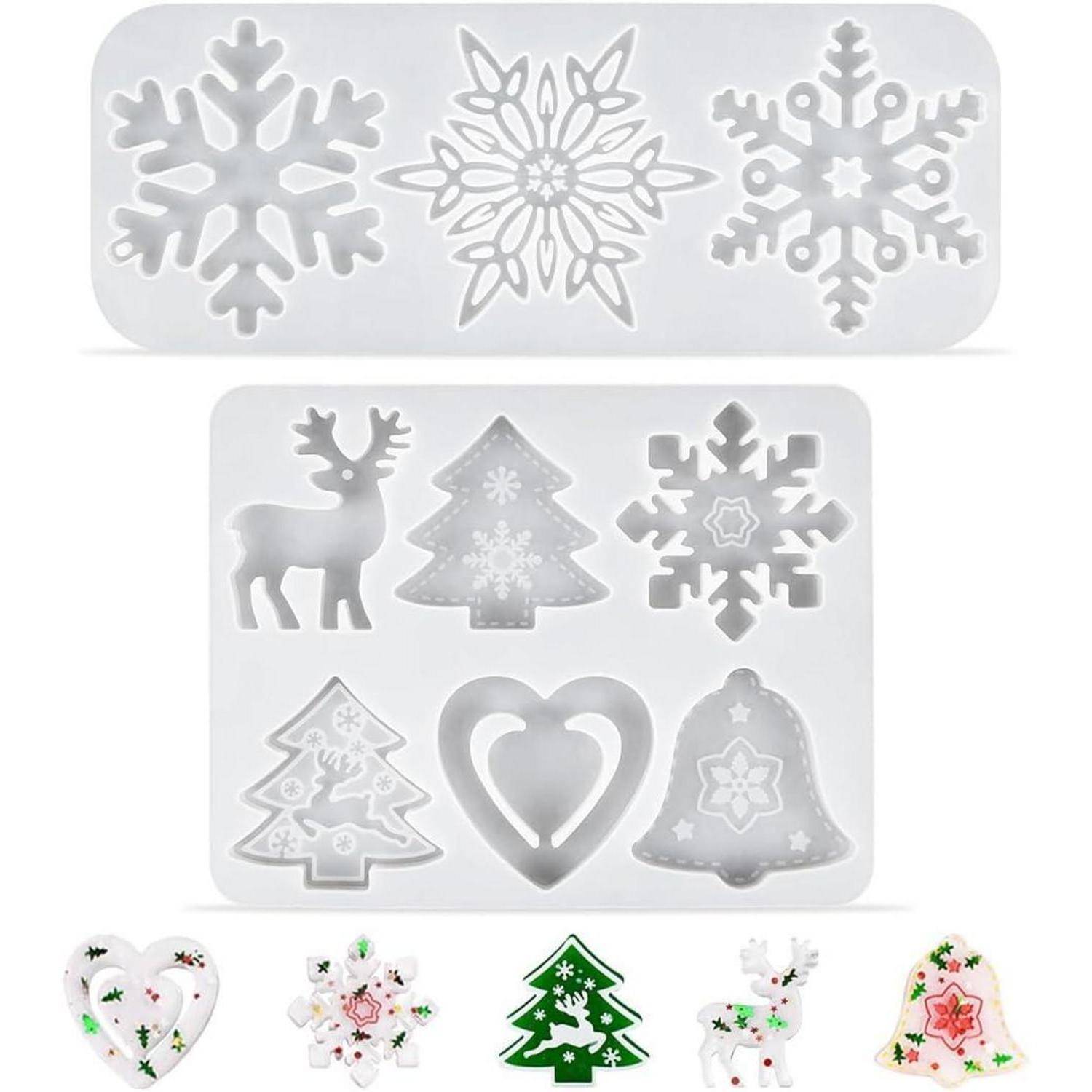 Silikonformen zum Herstellen von weihnachtlichen Formen: Schneeflocken, Rentiere, Bäume, Herz, Glocke. Inklusive dekorierter Seifenbeispiele.