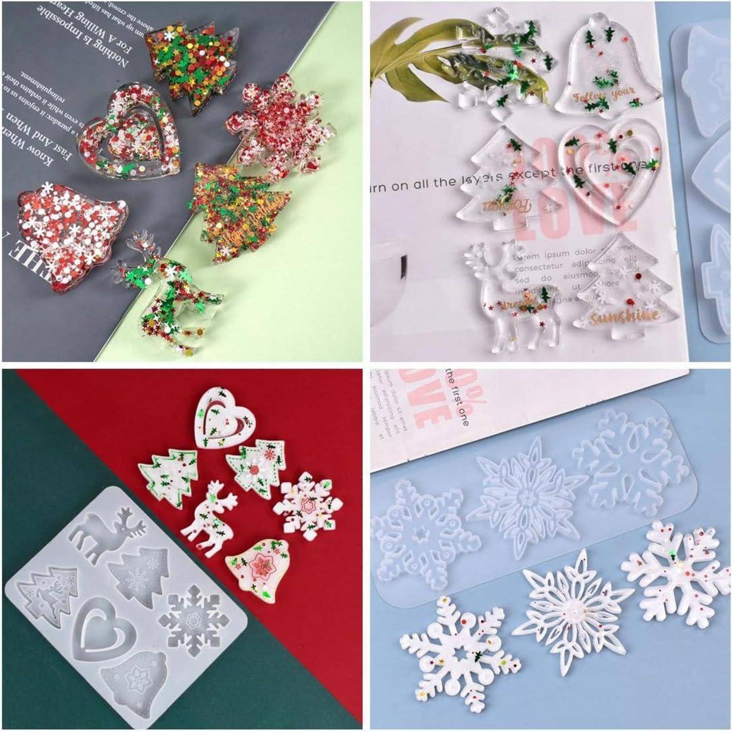 „Verschiedene Weihnachts-Silikonformen und fertige Stücke mit Motiven von Bäumen, Herzen, Schneeflocken und Rentieren auf farbenfrohen Hintergründen.