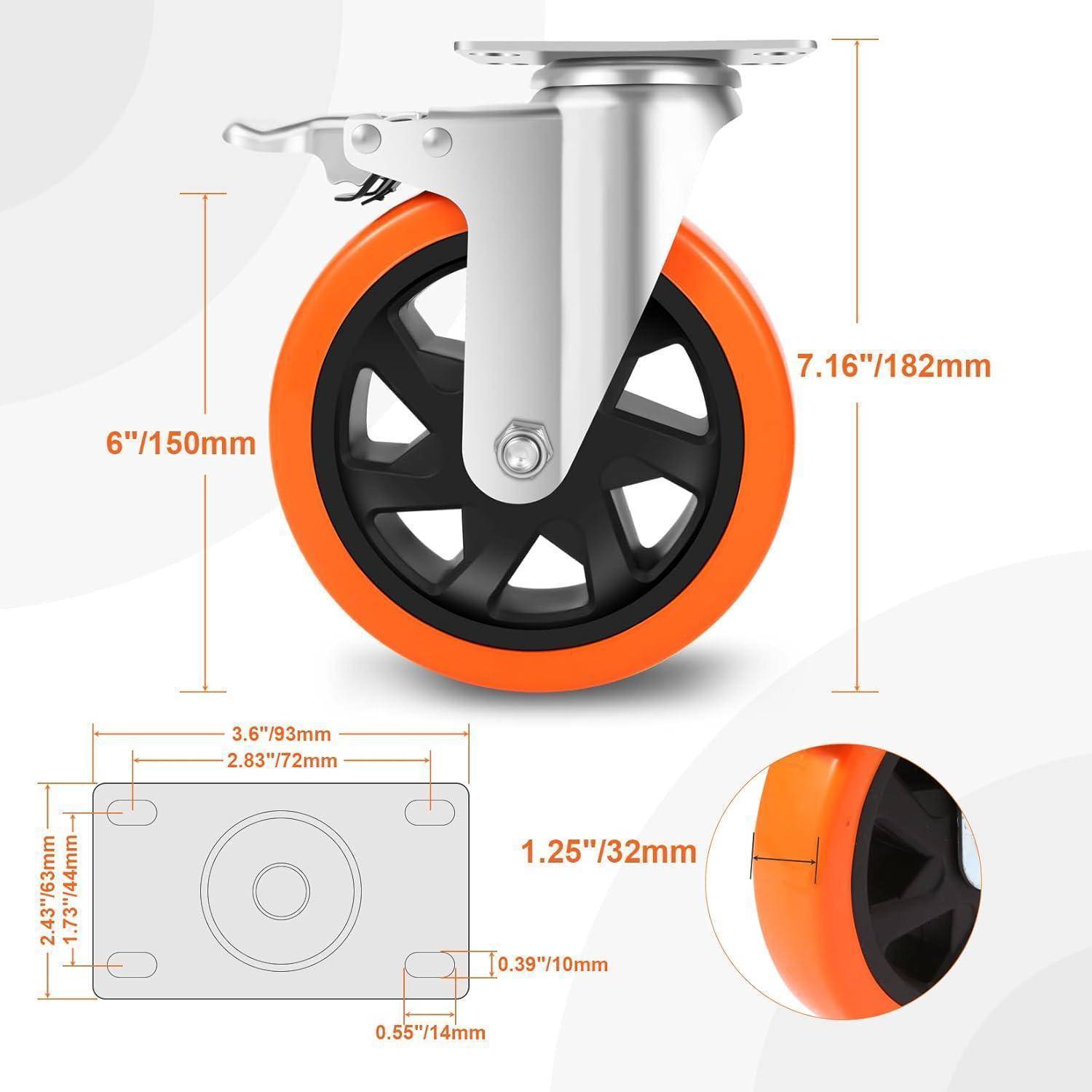 Schwerlastrollen 150mm, 4 Rollen Bremse Doppelverriegelung 1000KG