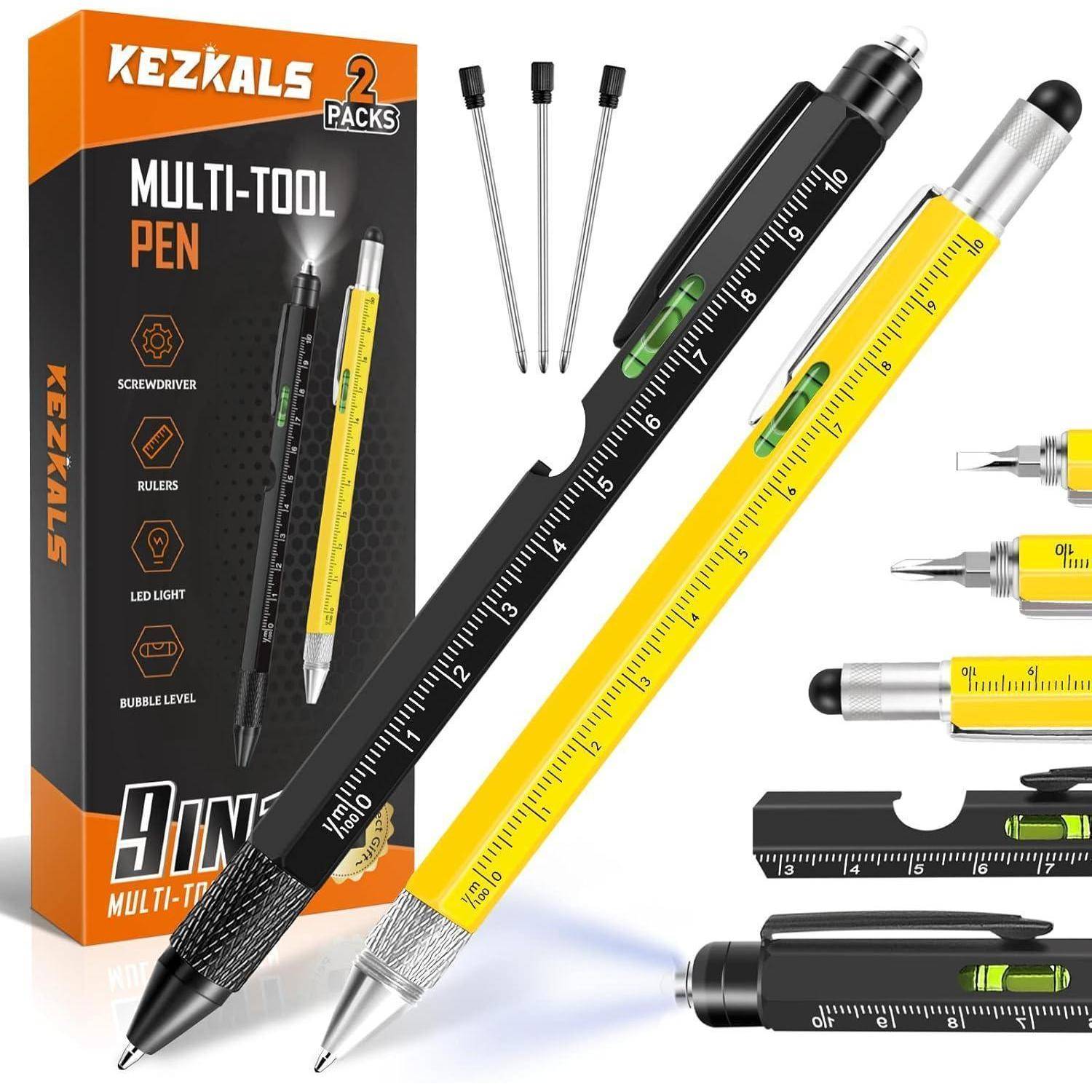 Das 'Kezkals Multi-Tool Pen'-Set enthält zwei Stiftpacks mit Funktionen wie Schraubendreher, Nachfüllminen, LED-Licht, Lineal und Wasserwaage.