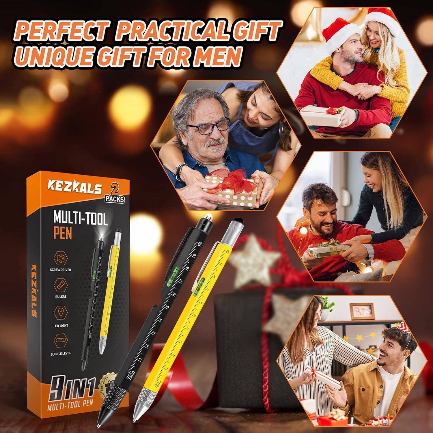 Eine Collage mit Geschenkübergabe-Momenten, die den ‚Kezkals 9-in-1 Multifunktions-Stift' mit weihnachtlich gestalteten Bildern von Menschen beim Austausch von Geschenken zeigt.