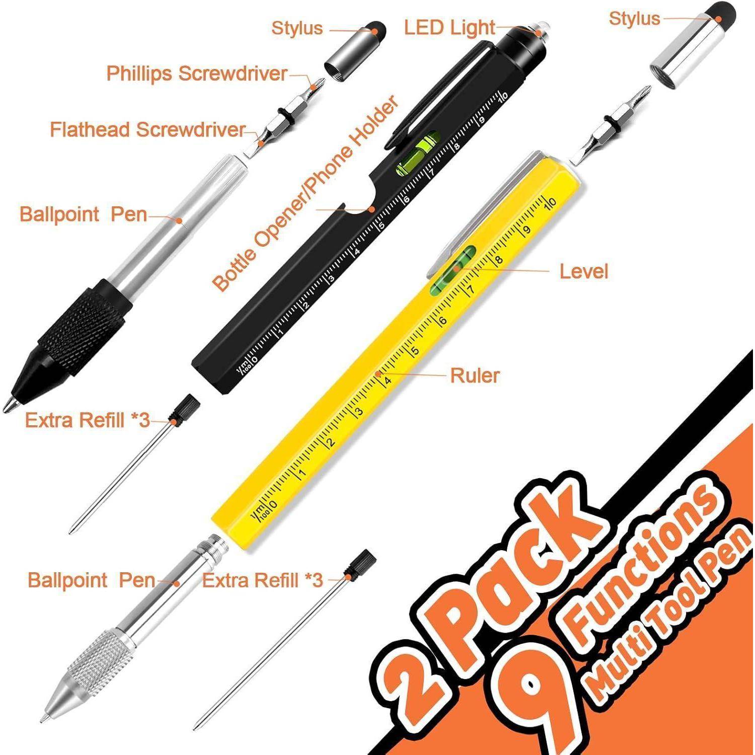 2er Pack 9-Funktionen Multitool Stift mit Lineal, Stylus, LED-Licht, Kugelschreiber, Schlitz- und Kreuzschlitzschraubendreher