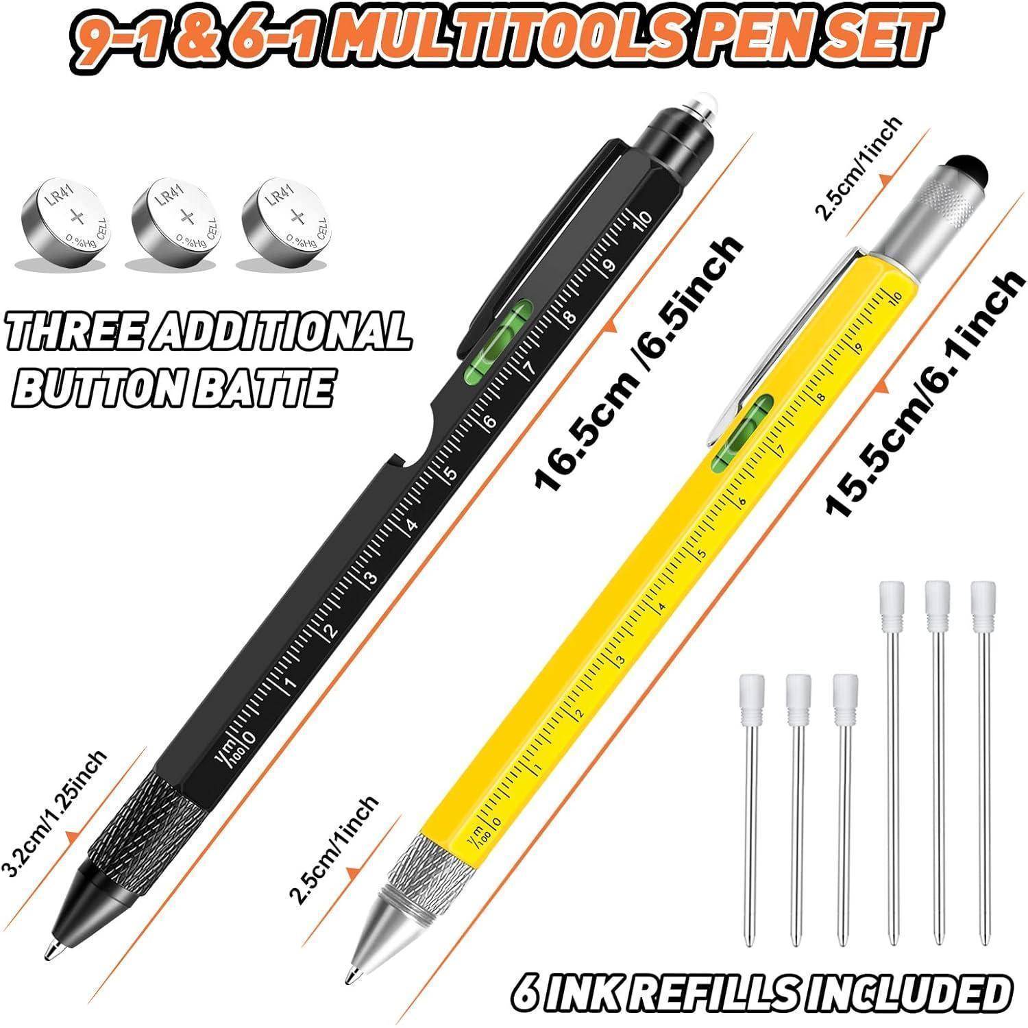9-in-1 & 6-in-1 Multifunktions-Stift-Set mit einem schwarzen und einem gelben Stift, Linealen, drei zusätzlichen Batterien und sechs Tintenpatronen.