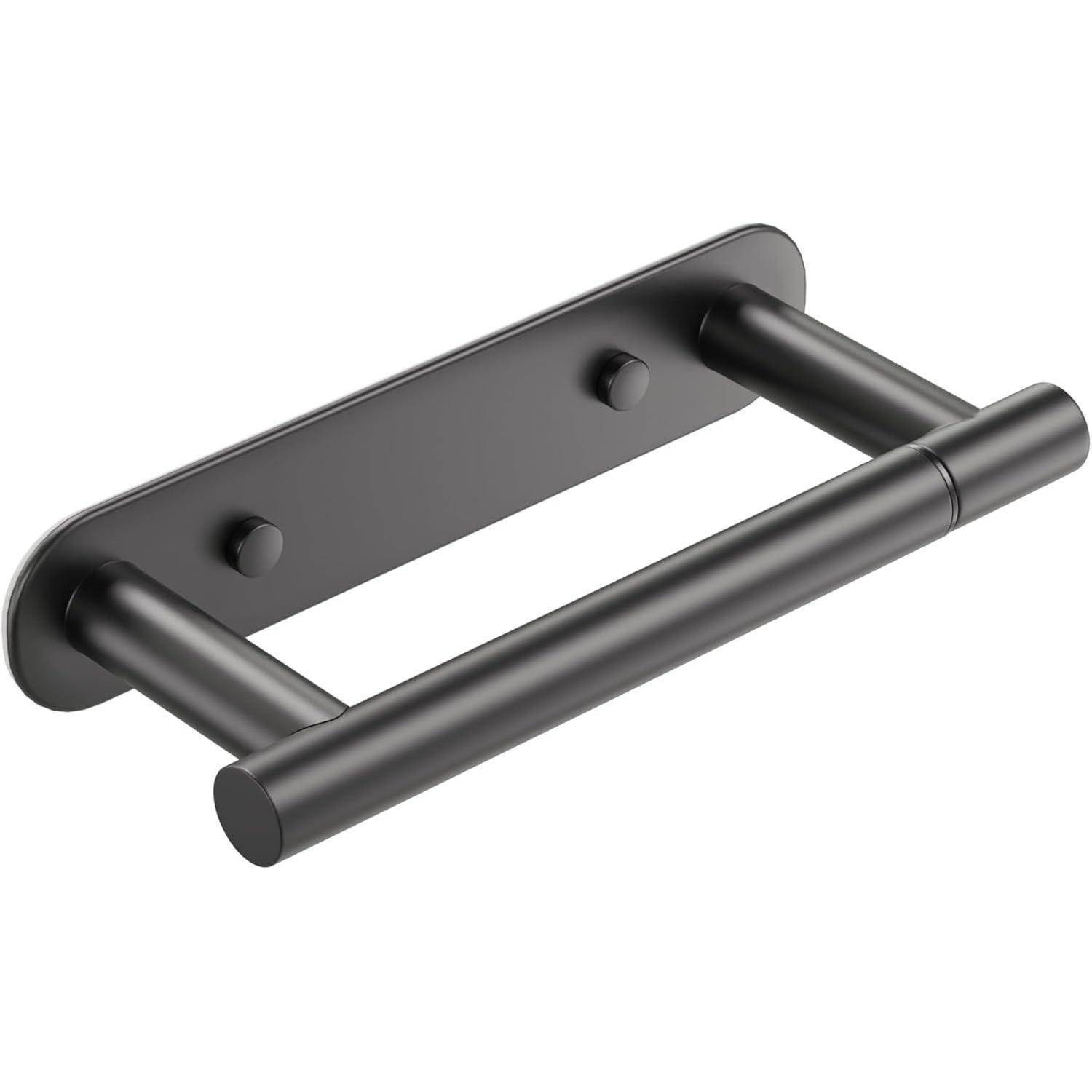 Ein matter schwarzer Metalltoilettenrollenhalter mit einem schlanken, horizontalen Design, an der Wand mit zwei Schrauben montiert.