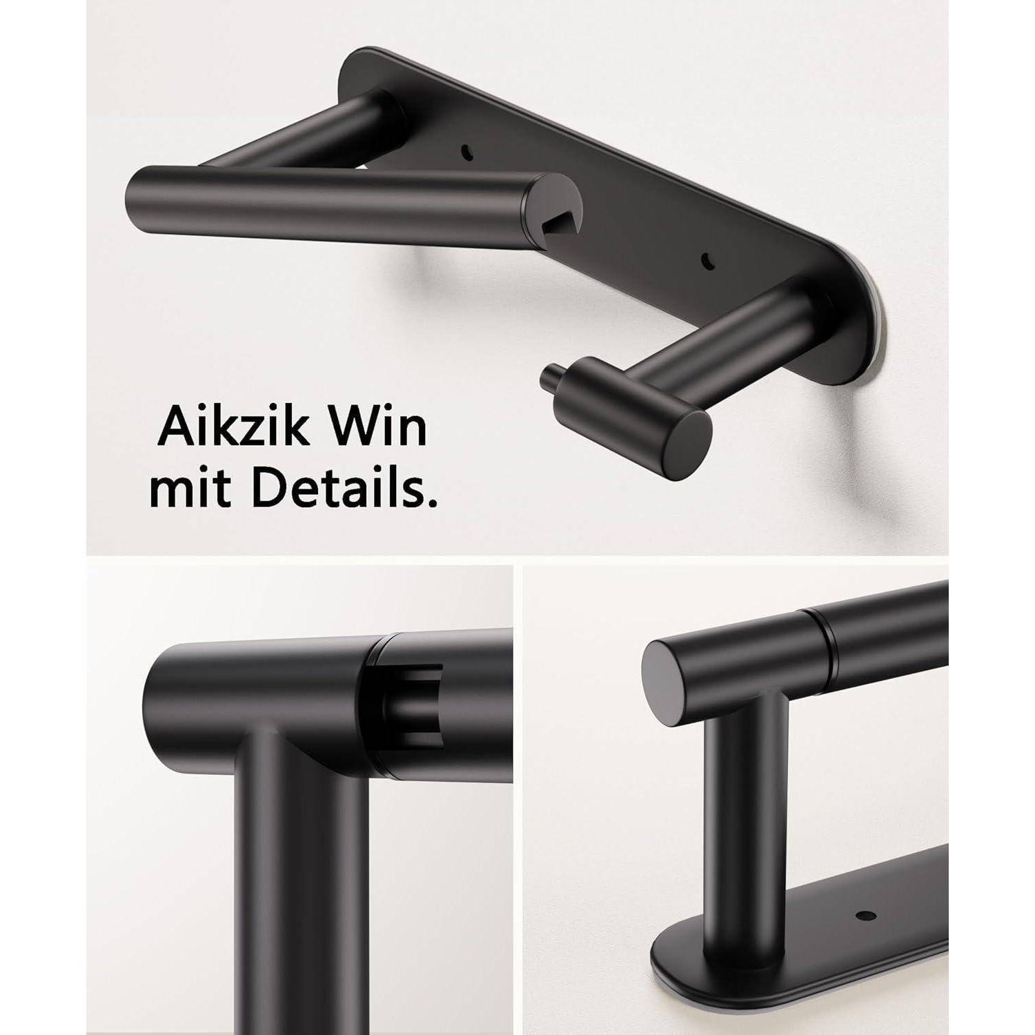 Ein schlanker schwarzer Metall-Wandhaken mit doppelter Aufhängung von Aikzik, aus verschiedenen Blickwinkeln gezeigt, mit der Beschriftung 'Aikzik Win mit Details'.
