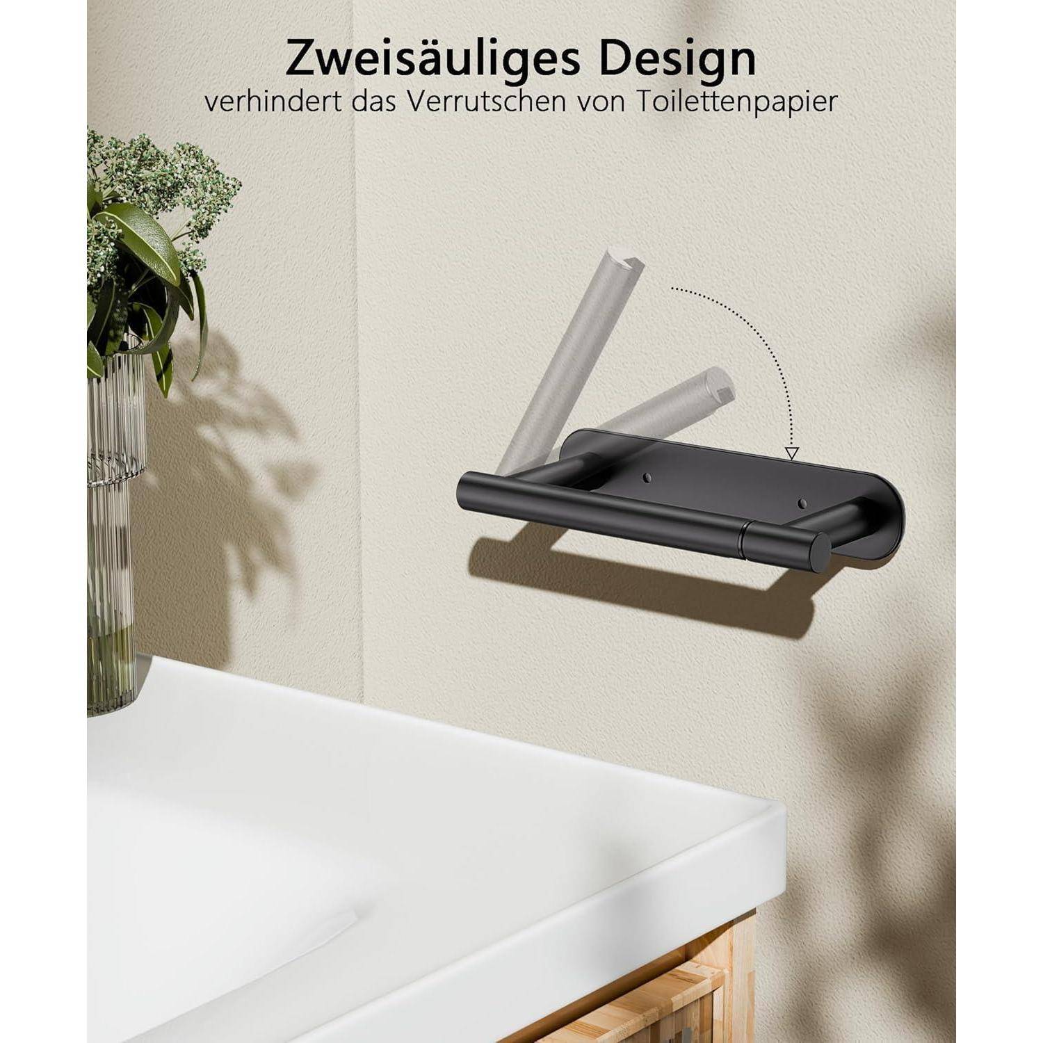 Ein wandmontierter Toilettenpapierhalter mit Doppelstangendesign ist neben einer Arbeitsplatte installiert. Text oben liest sich „Zweisäuliges Design