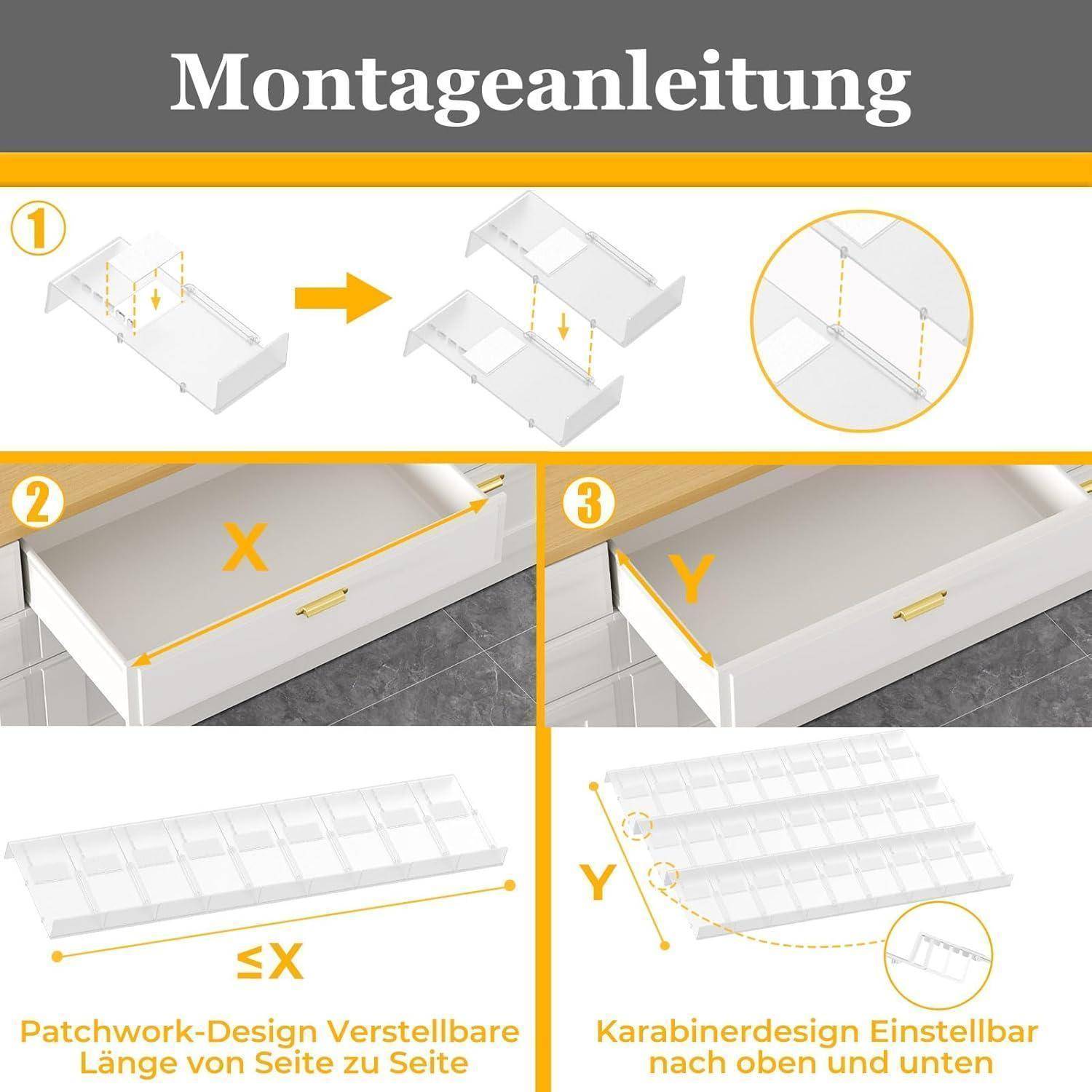 Montageanleitung für Schubladenorganisation. Schritt 1: Trennwände verbinden. Schritt 2: Länge 'X' anpassen. Schritt 3: Breite 'Y' konfigurieren.