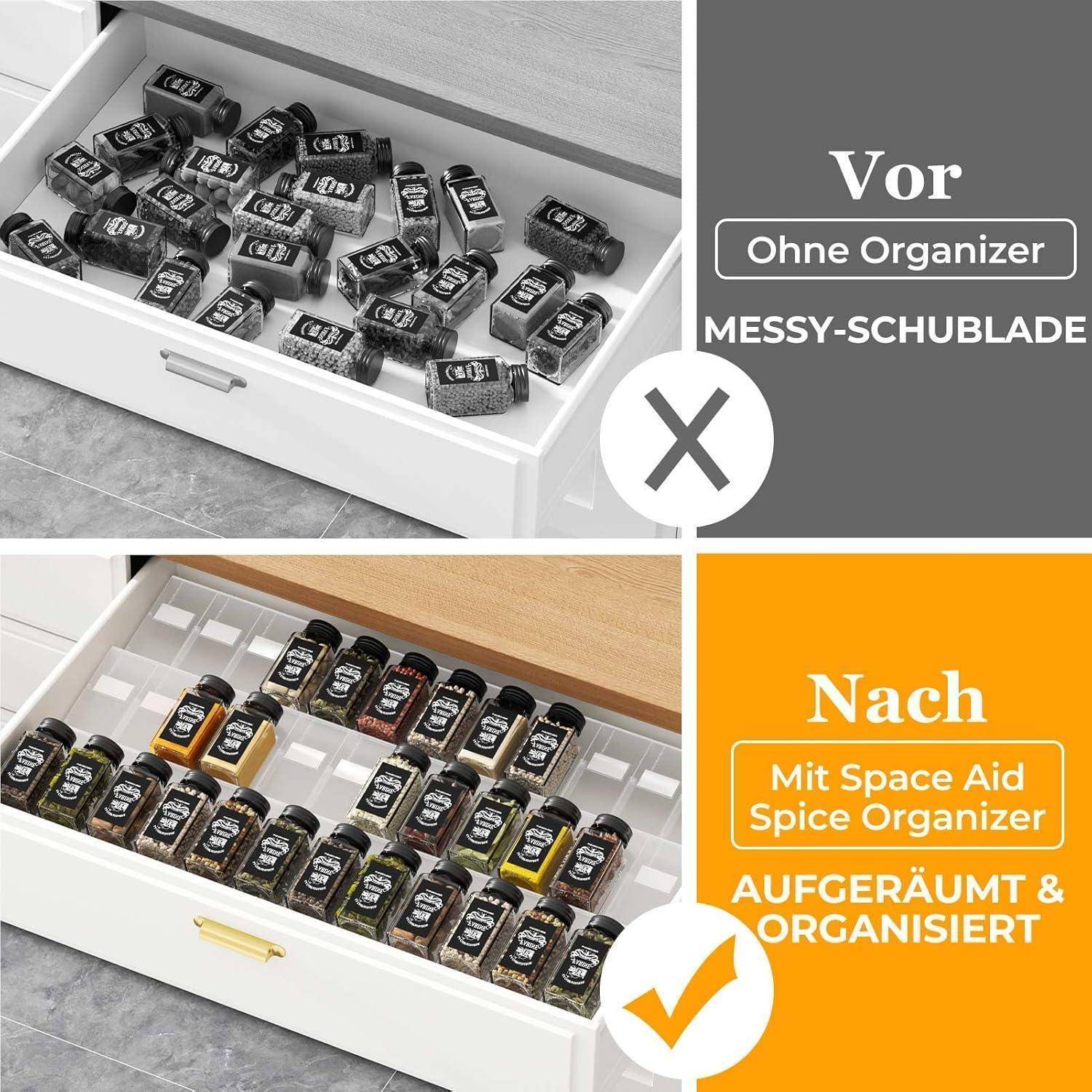 Vorher Ohne Organizer CHAOTISCH-SCHUBLADE' zeigt eine unordentliche Schublade mit verstreuten Gewürzen. 'Nachher Mit Space Aid Gewürz-Organizer AUFGERÄUMT & ÜBERSICHTLICH' präsentiert eine organisierte Schublade mit ordentlich angeordneten Gewürzen.