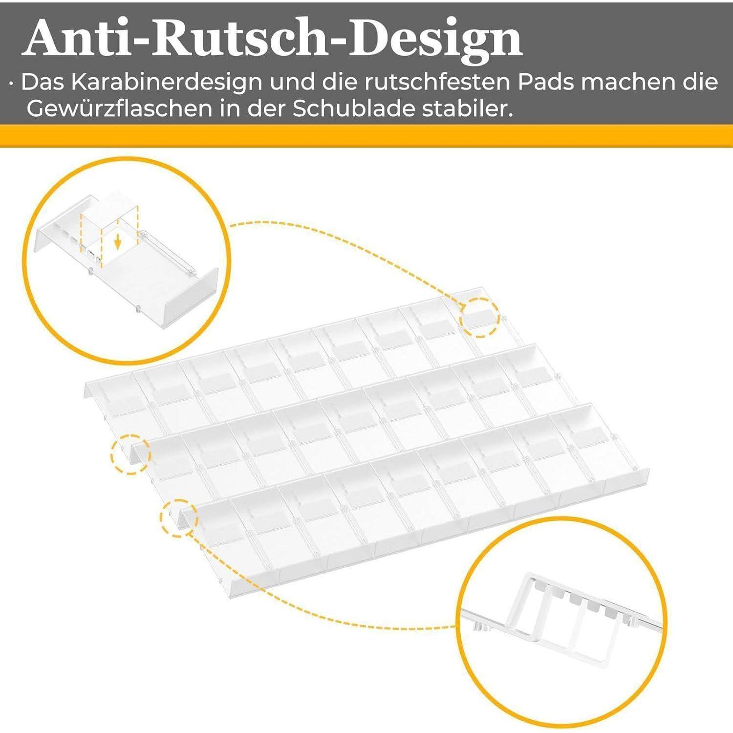 Anti-Rutsch-Design: Das Karabinerdesign und die rutschfesten Pads machen die Gewürzflaschen in der Schublade stabiler.