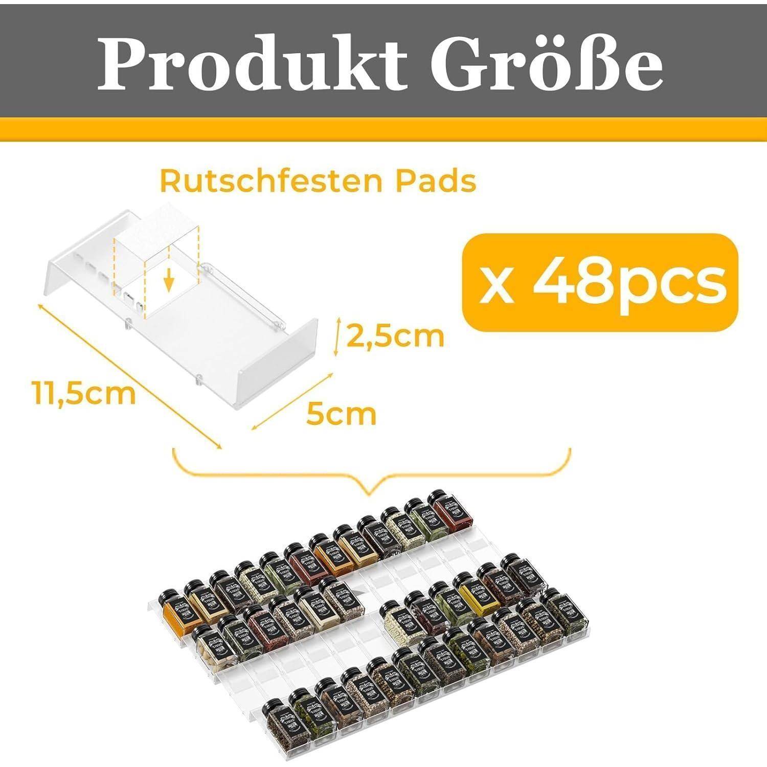 Produkt Größe' zeigt einen Gewürzorganizer mit 48 Flaschen. Abmessungen: 11,5 cm Länge, 5 cm Breite, 2,5 cm Höhe. Inklusive rutschfester Unterlagen.
