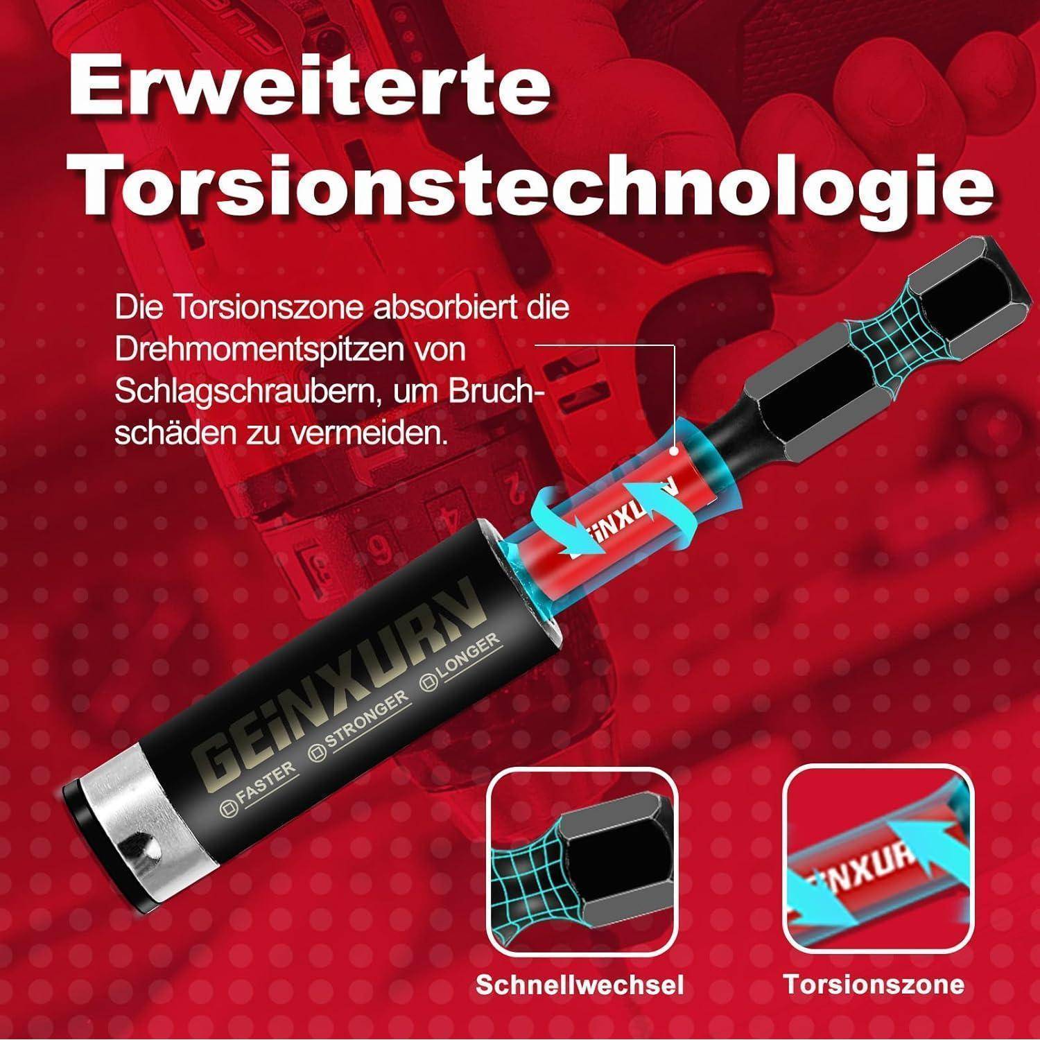 Eine Nahaufnahme eines Bohrers mit hervorgehobenen Merkmalen, die fortschrittliche Torsionstechnologie zur Absorption von Drehmomentspitzen und zur Schadensvermeidung zeigt.