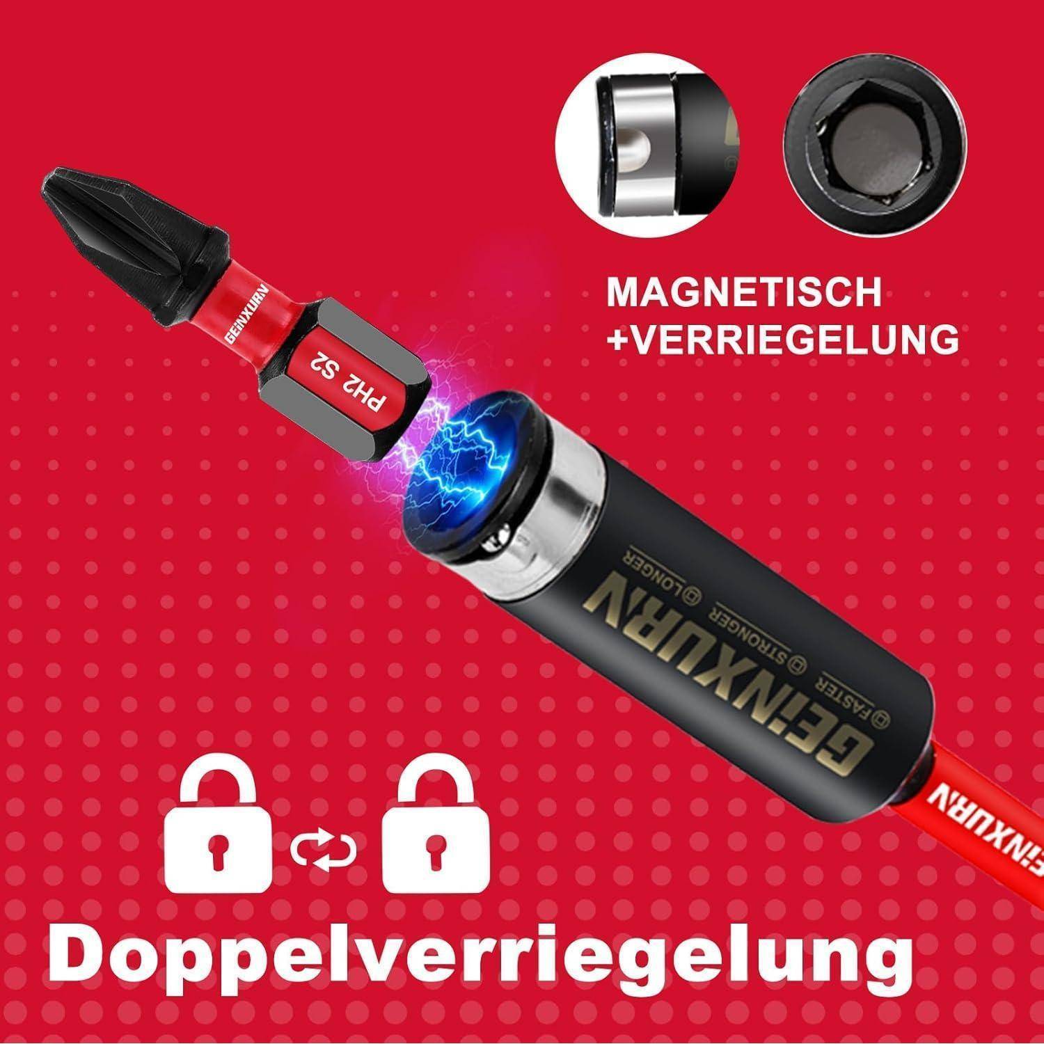 Ein magnetisches Doppelverriegelungswerkzeug mit hervorgehobenen Befestigungen, auf Deutsch beschriftet als 'Magnetisch + Verriegelung', vor einem roten Hintergrund.