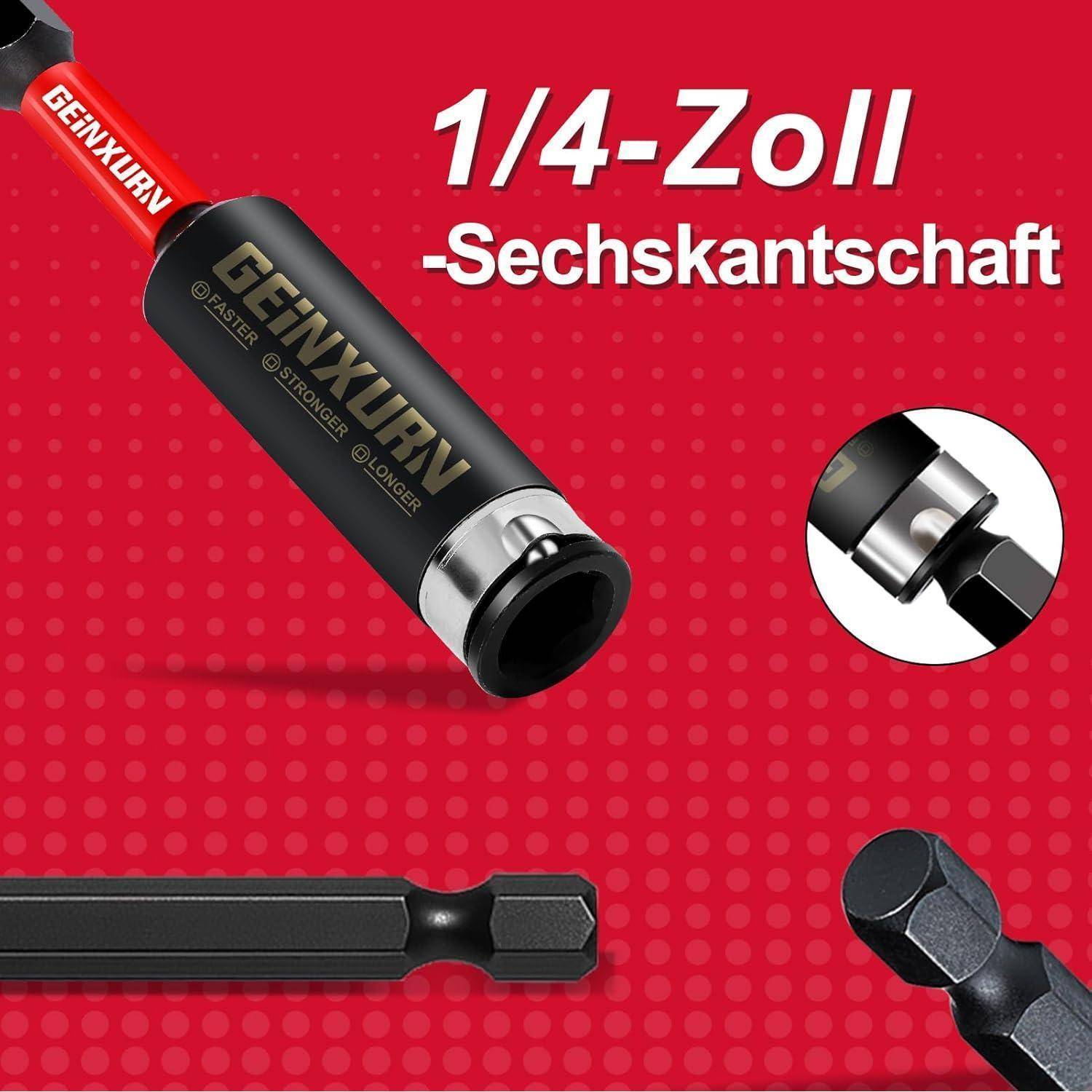Ein Schraubendreher-Bit mit 1/4-Zoll-Sechskantschaft auf rotem Hintergrund, der eine detaillierte Nahaufnahme des Bitkopfes für Präzisionsaufgaben zeigt.