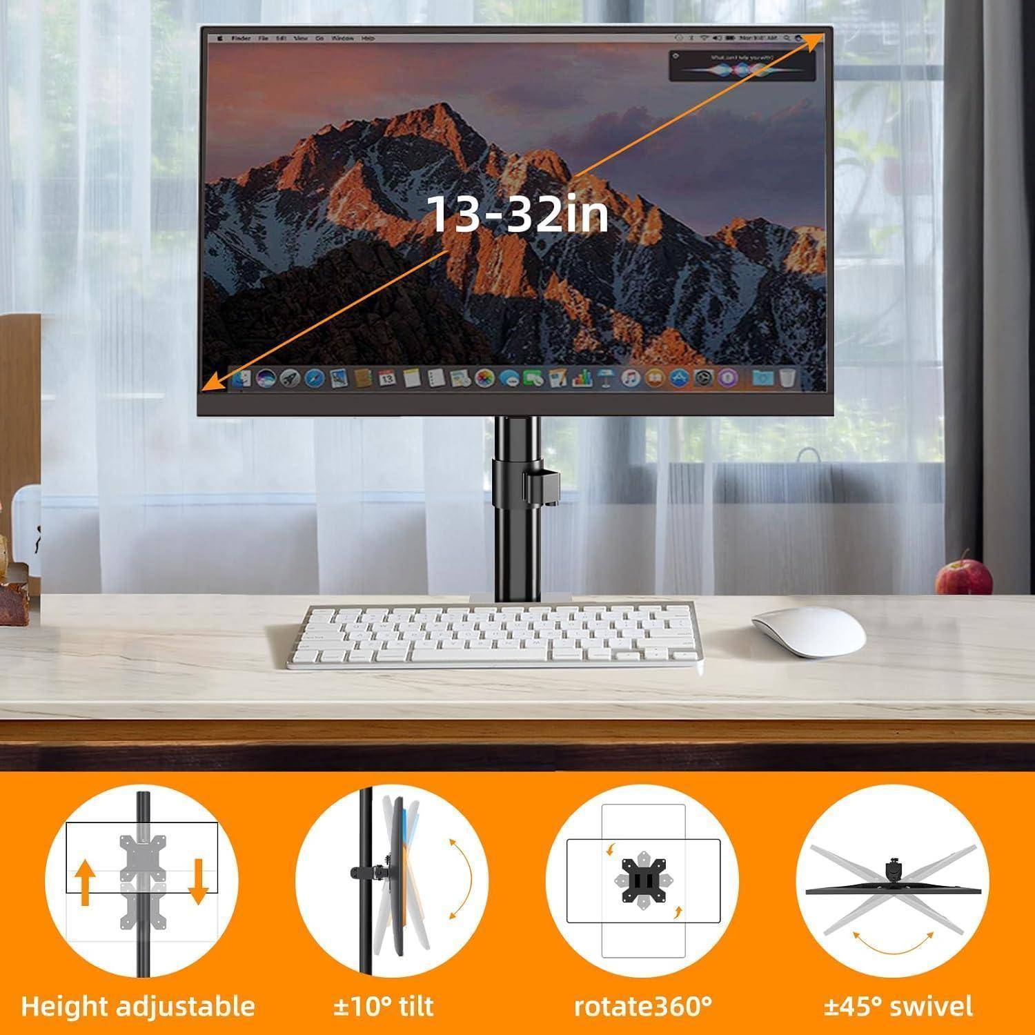 Ein Computermonitor auf einem Schreibtisch mit einem verstellbaren Arm ermöglicht Bildschirme von 13-32 Zoll. Zu den Funktionen gehören Höhenverstellung, 10° Neigung, 360° Drehung und 45° Schwenkung.