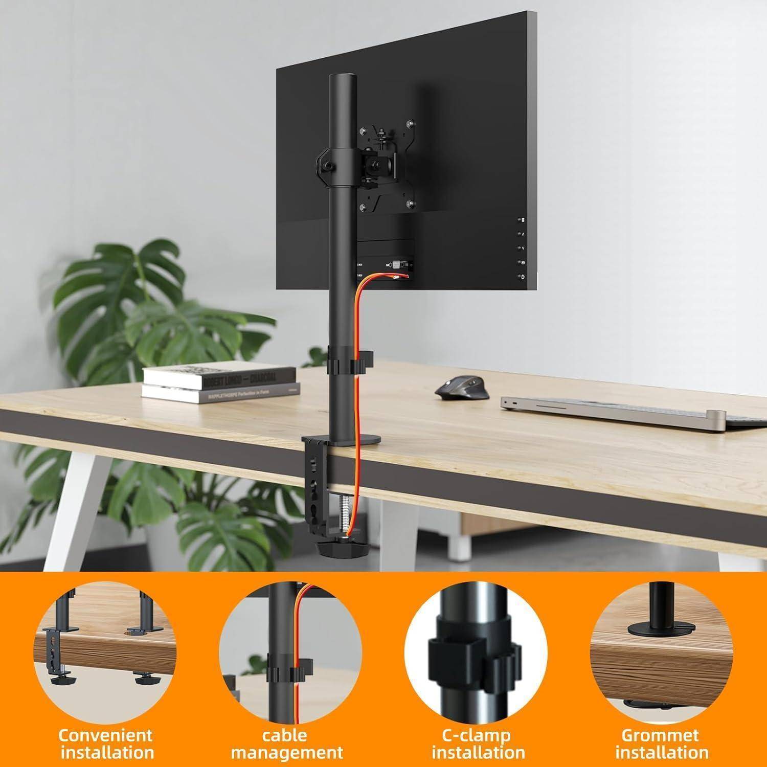 Das Bild zeigt eine Schreibtisch-Montagekonfiguration mit einem Monitorarm für ergonomische Sichtbarkeit. Es hebt die bequeme Installation, Kabelverwaltung, Schraubzwingen- und Durchführungsoptionen hervor.