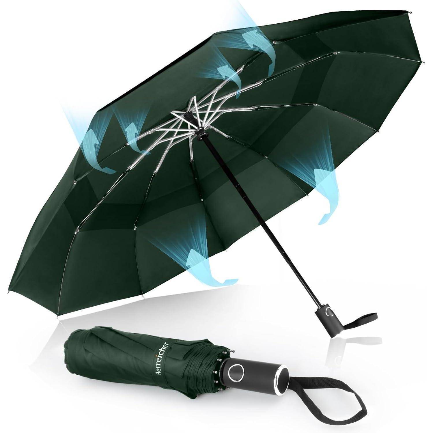 Ein dunkelgrüner Regenschirm, der sein windundurchlässiges Design mit verstärkten Streben und Belüftungsklappen präsentiert. Eine kompakte Version des Schirms wird zusammengeklappt gezeigt.