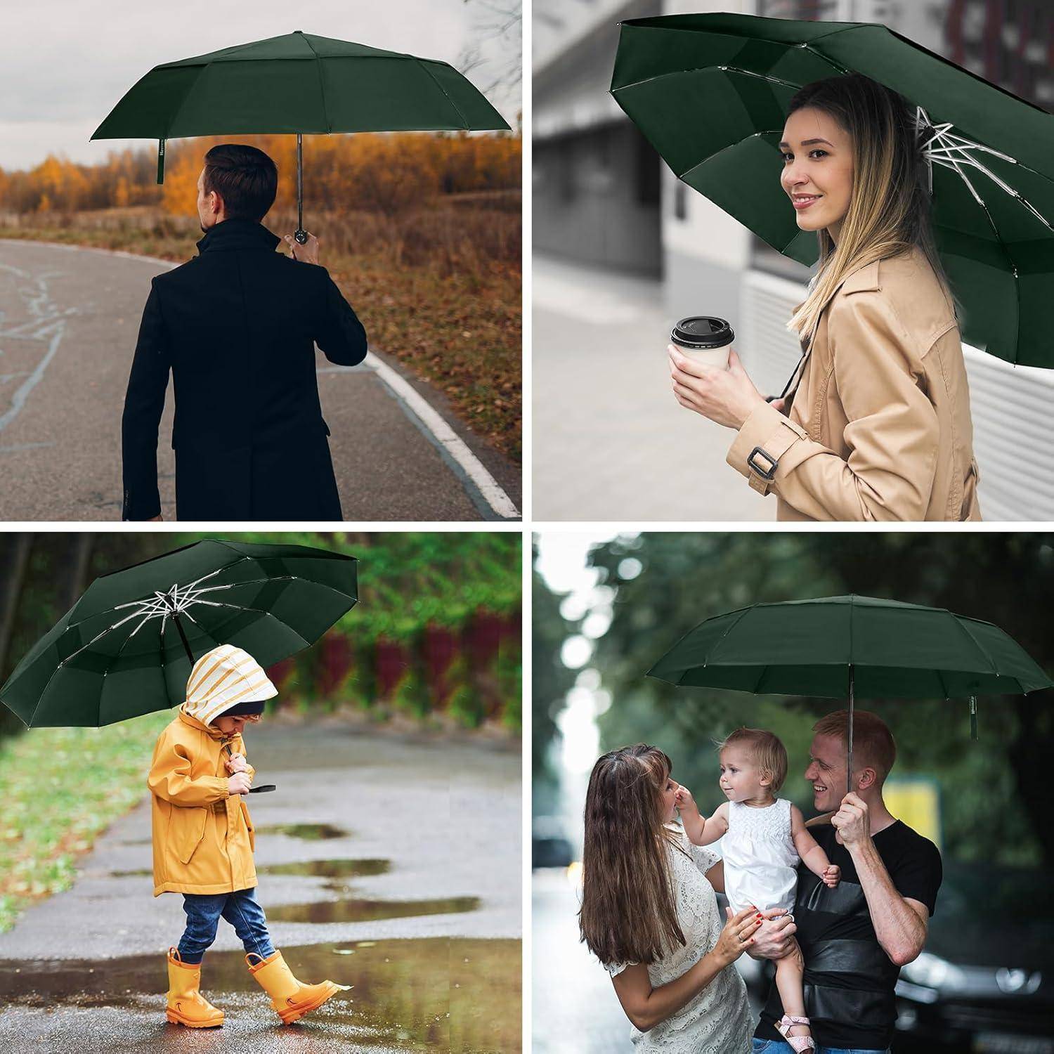 Das Bild zeigt vier Szenen von Menschen, die grüne Regenschirme in verschiedenen Situationen verwenden: ein Mann, der auf einer Straße geht, eine Frau mit einem Kaffee, ein Kind in Regenkleidung und eine Familie gemeinsam.
