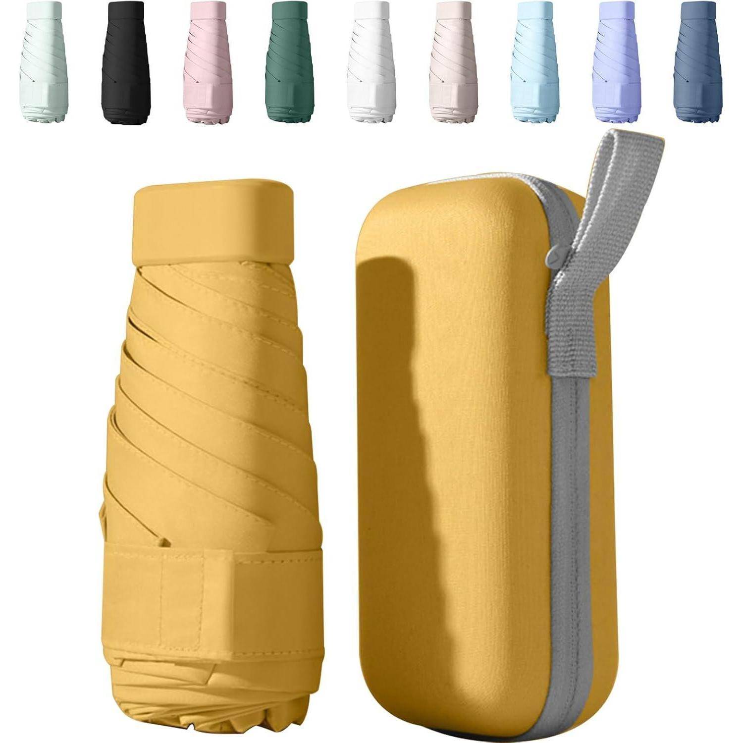 Eine zusammenklappbare Flasche in Gold mit einer Tragetasche, umgeben von verschiedenen Farboptionen einschließlich Schwarz, Grün, Rosa und Blau.