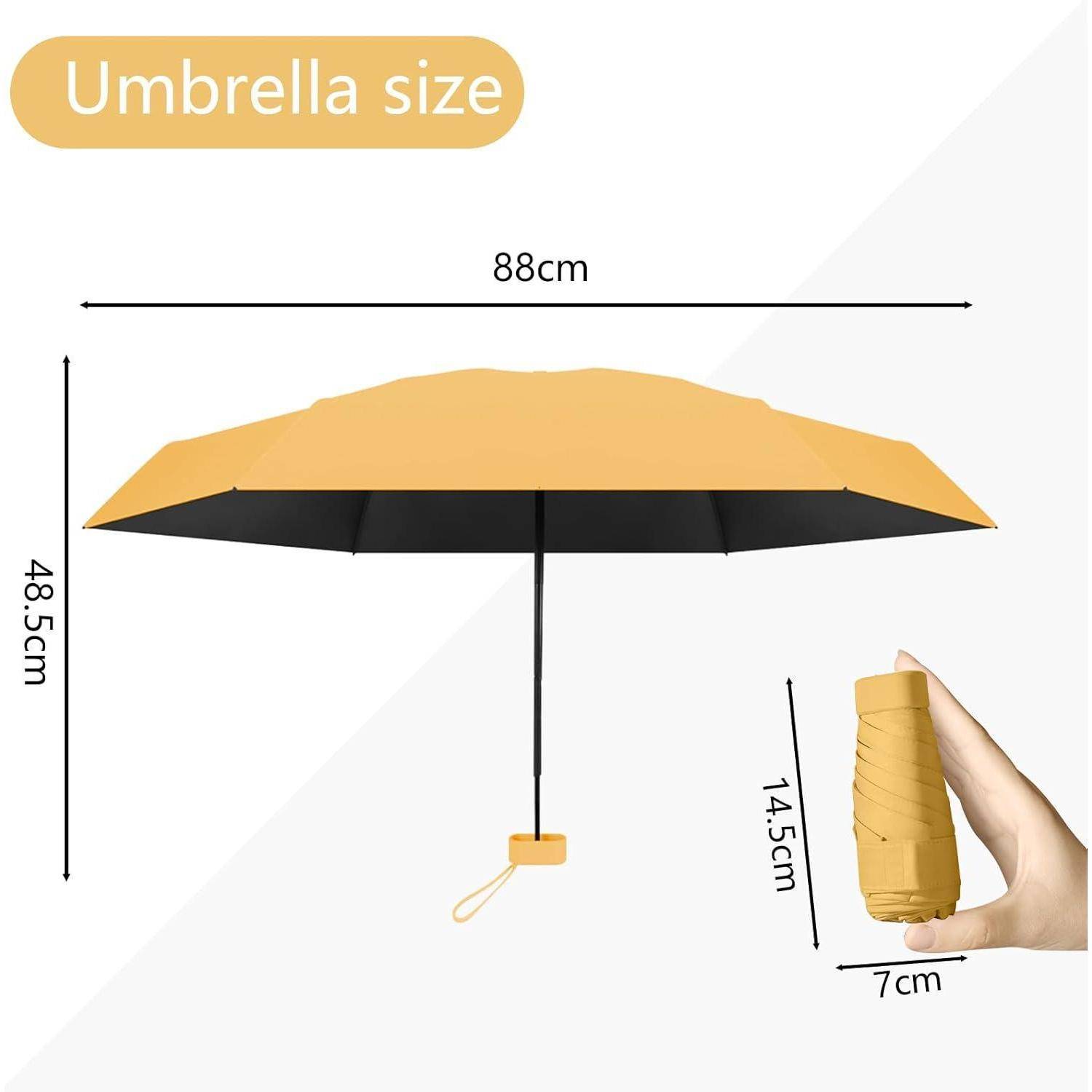 Schirmdimensionen: Breite 88 cm, Höhe 48,5 cm; gefaltete Größe: 14,5 cm Höhe, 7 cm Breite. Hand hält gefalteten Schirm.