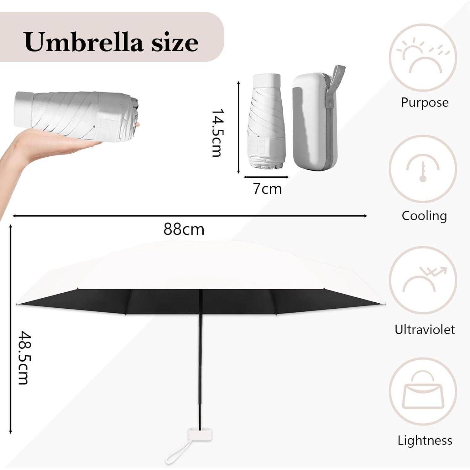 Ein kompakter Regenschirm mit 88 cm Breite bei geöffnetem Zustand und 14,5 cm Höhe im geschlossenen Zustand, der Eigenschaften wie Kühlung und UV-Schutz hervorhebt.