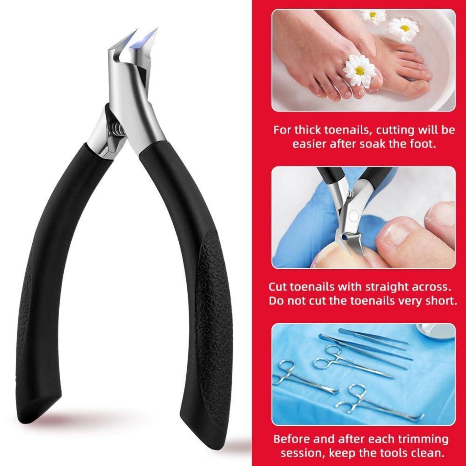 Nagelknipser-Werkzeug mit schwarzen Griffen links. Rechts befinden sich Anweisungen zur Fußnagelpflege, die das Einweichen, gerades Abschneiden, nicht zu kurzes Schneiden und die Pflege der Werkzeuge empfehlen.