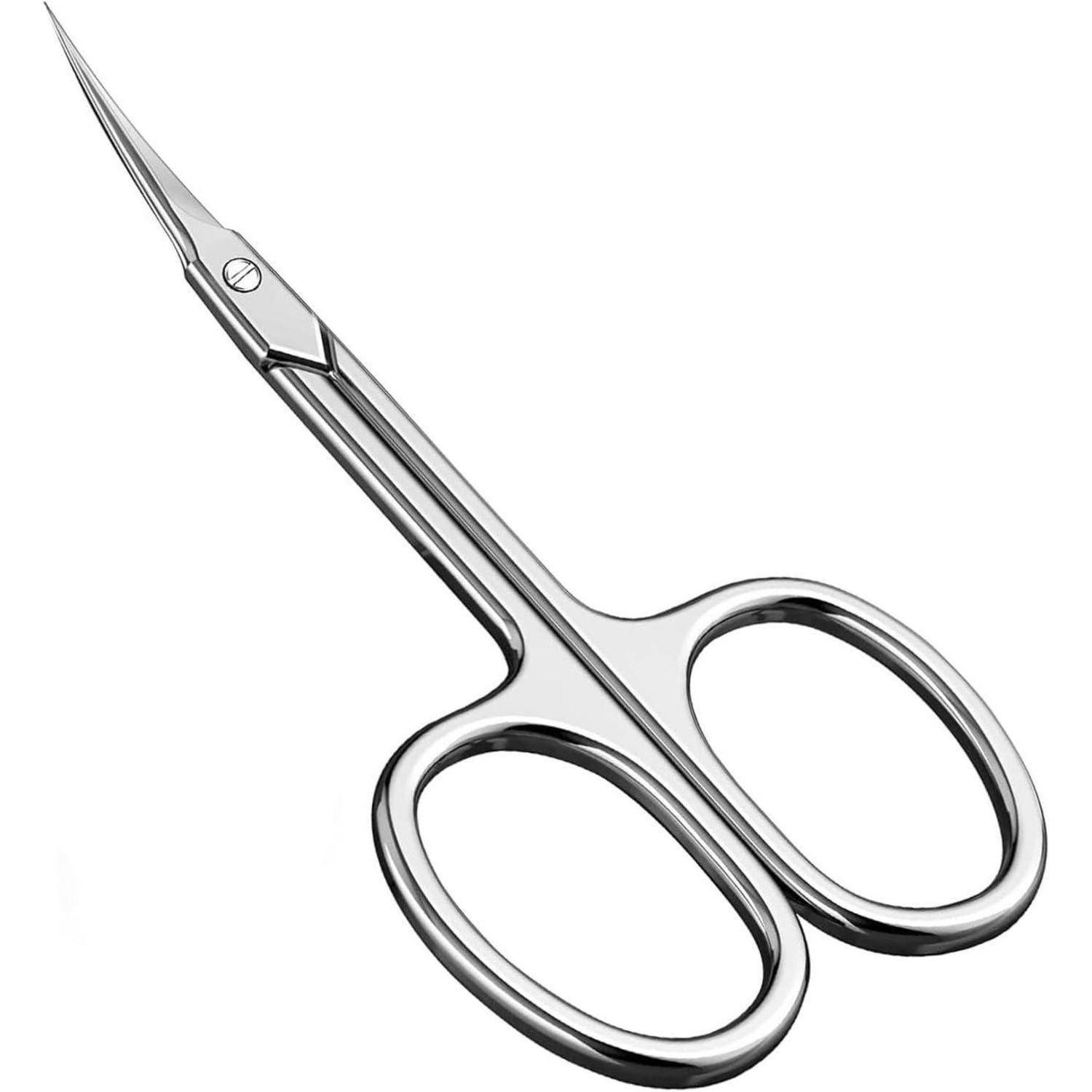 Silberne Maniküreschere mit gebogenen Klingen und großen Fingerschlaufen, entwickelt für präzises Nagelschneiden.