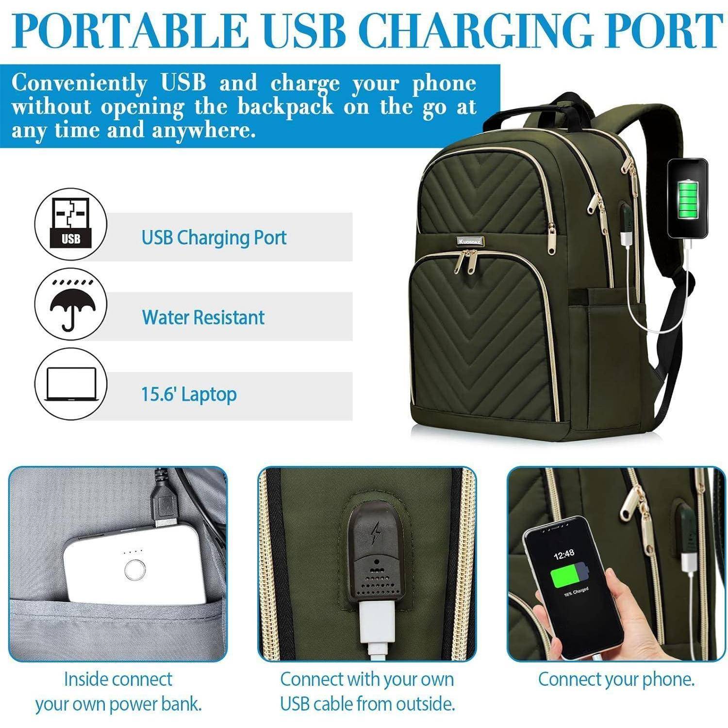 Tragbarer USB-Ladeanschluss-Rucksack mit grüner Farbe, integriertem USB-Anschluss, Wasserresistenz und Platz für Laptops bis zu 15,6 Zoll. Zeigt Einrichtung zum Aufladen von Mobiltelefonen.