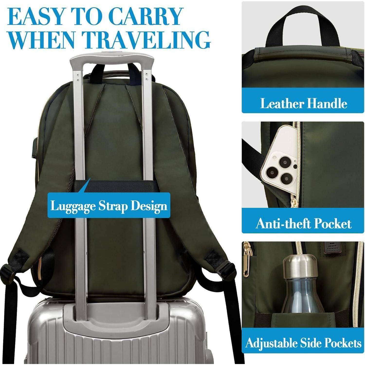 Ein grüner Rucksack ist mit seinem Gepäckgurt an einem Koffer befestigt. Zu den Merkmalen gehören ein Ledergriff, eine Diebstahlschutz-Tasche und Seitentaschen.