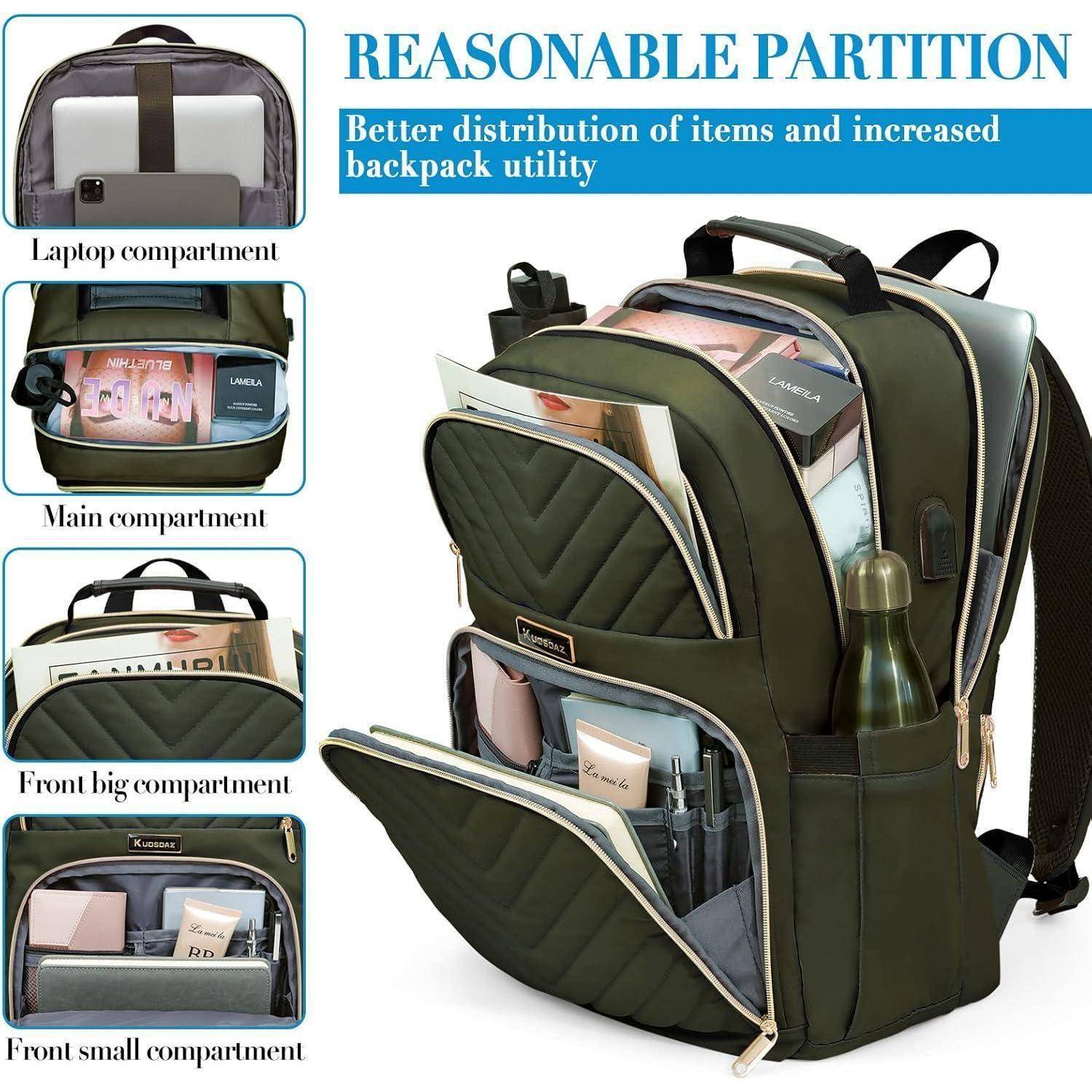 Grüner Rucksack mit mehreren Fächern: Laptopfach, Hauptfach, vorderes großes Fach und kleines Fach. Jeder Abschnitt zeigt eine organisierte Aufbewahrung.
