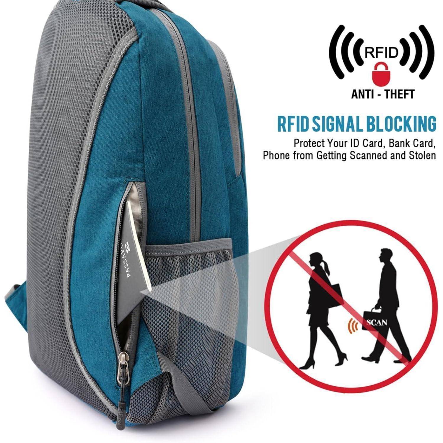 Blauer und grauer Diebstahlsicherer Rucksack mit RFID-Signalblockierungsfunktion. Illustration zeigt blockiertes RFID-Signal, das persönliche Gegenstände vor dem Scannen schützt.