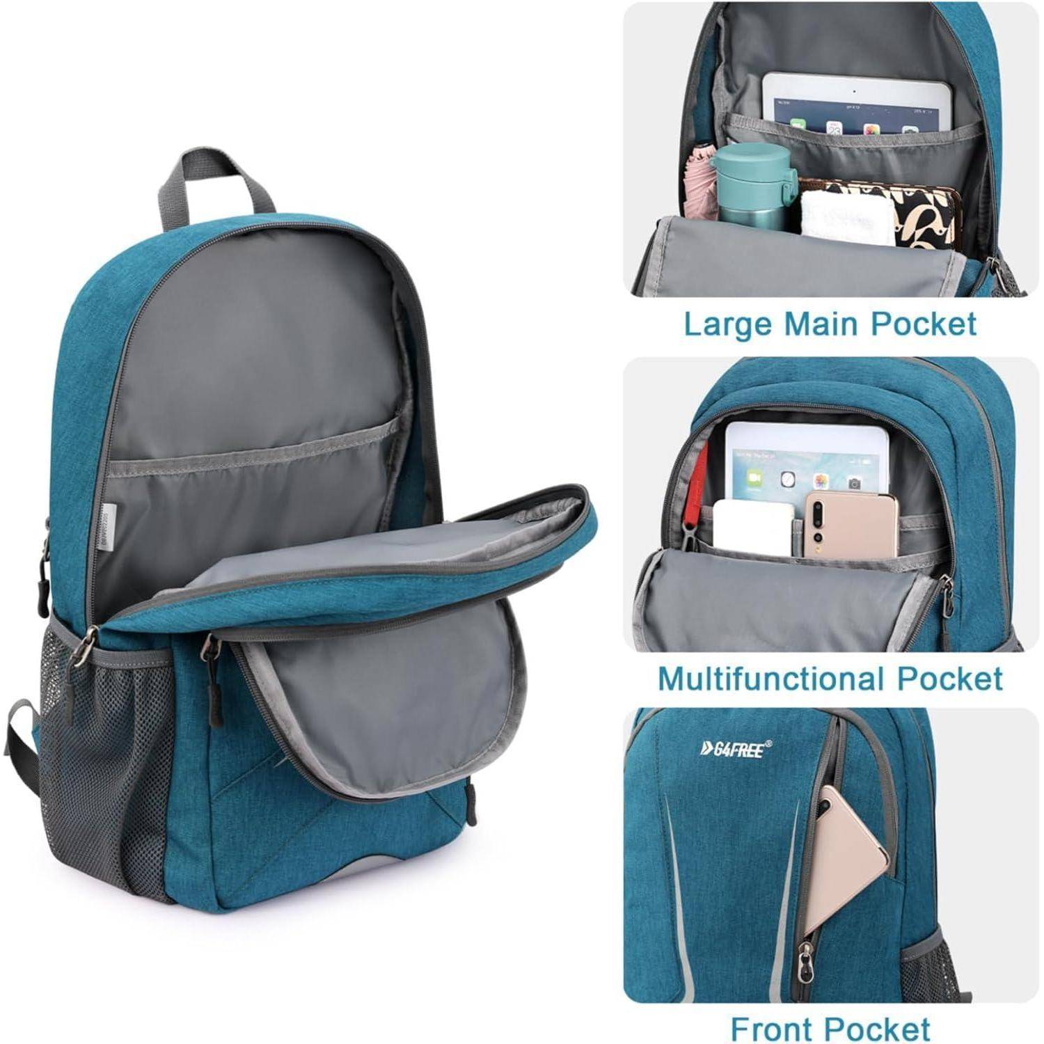 Blauer Rucksack mit einem großen Hauptfach, einem multifunktionalen Taschenfach mit Platz für ein Tablet und einer Fronttasche für leicht zugängliche Gegenstände.
