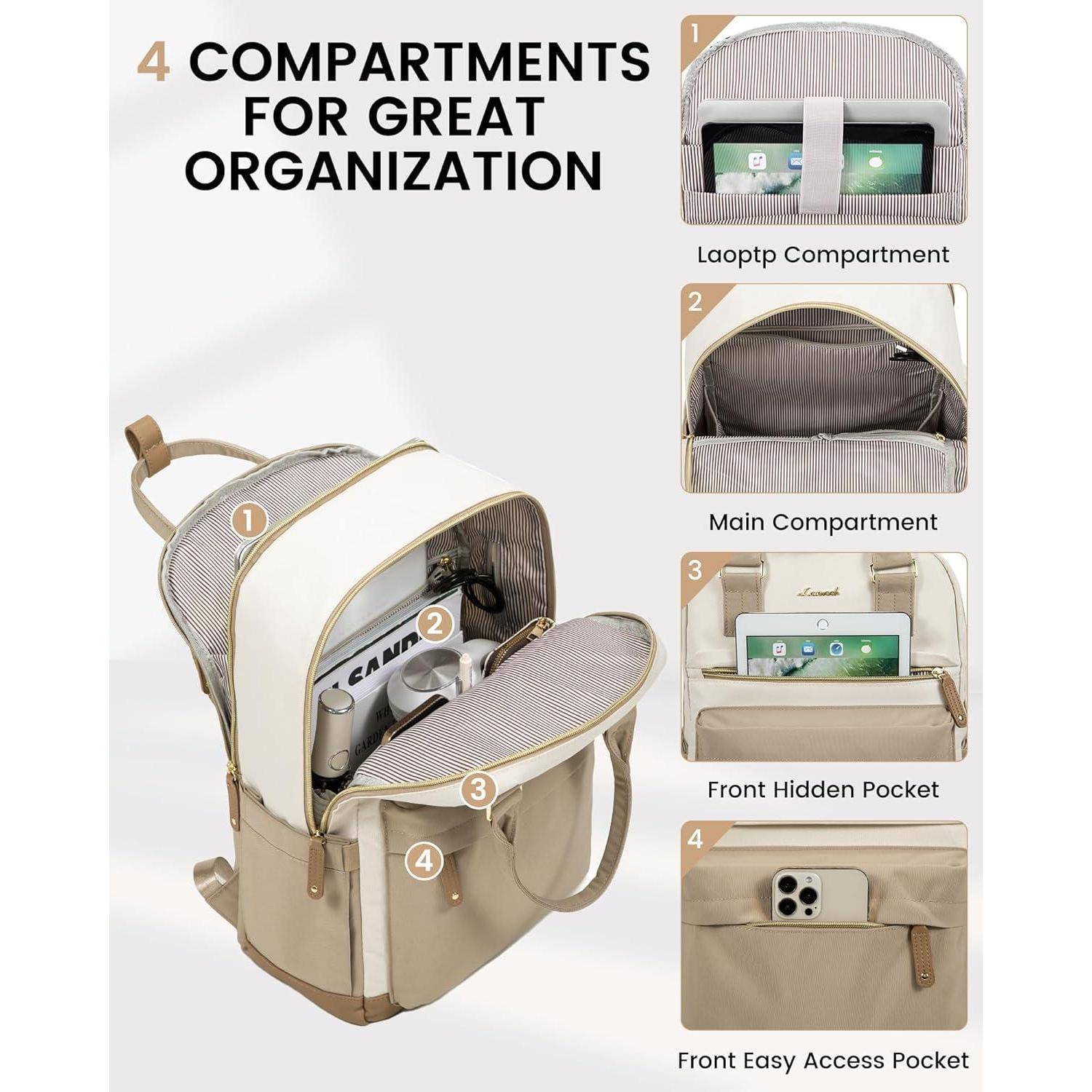 Rucksack mit beschrifteten Fächern: Laptopfach, Hauptfach, verstecktes Vordertasche und Vordertasche mit einfachem Zugang; entwickelt für optimale Organisation.