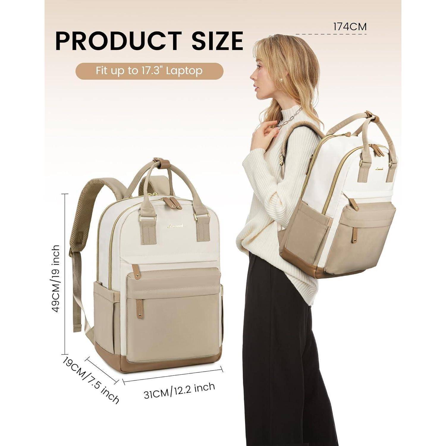 Wasserdichter Rucksack Damen 17 Zoll Laptop Schultasche Beige