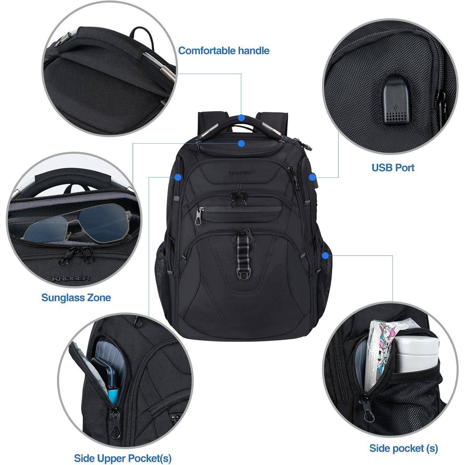 Laptop Rucksack Herren 18.4 Zoll USB Ladeanschluss Schwarz