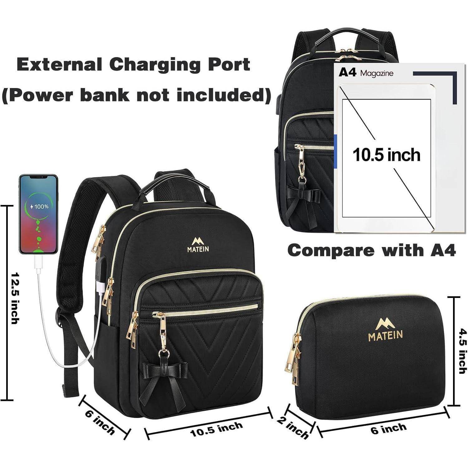 Rucksack Damen Klein Elegant Schulrucksack USB Ladeanschluss Schwarz