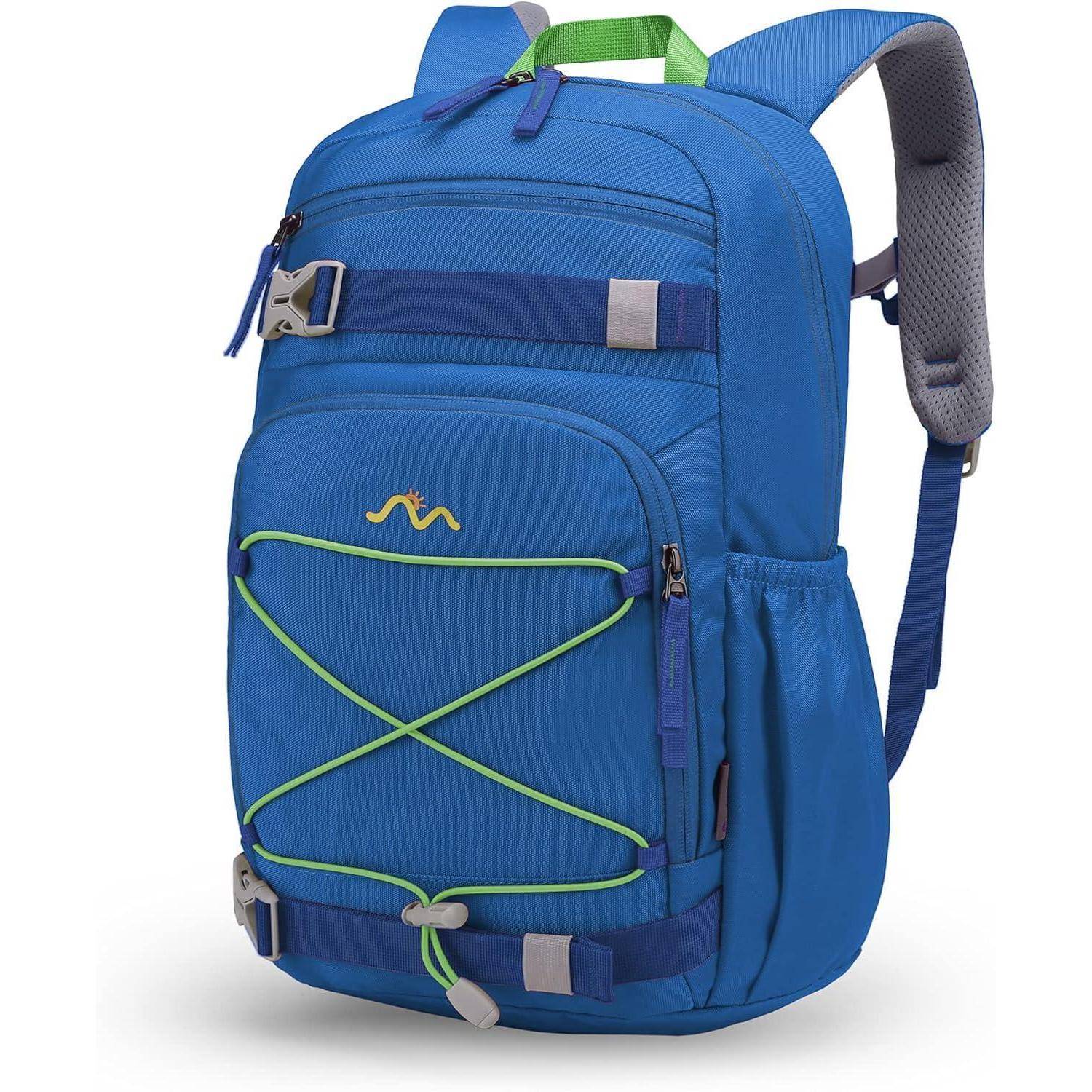 Blauer Rucksack mit mehreren Fächern, verstellbaren Schultergurten, Seitentaschen, Befestigungsschnur an der Vorderseite und dezenter Markierung.