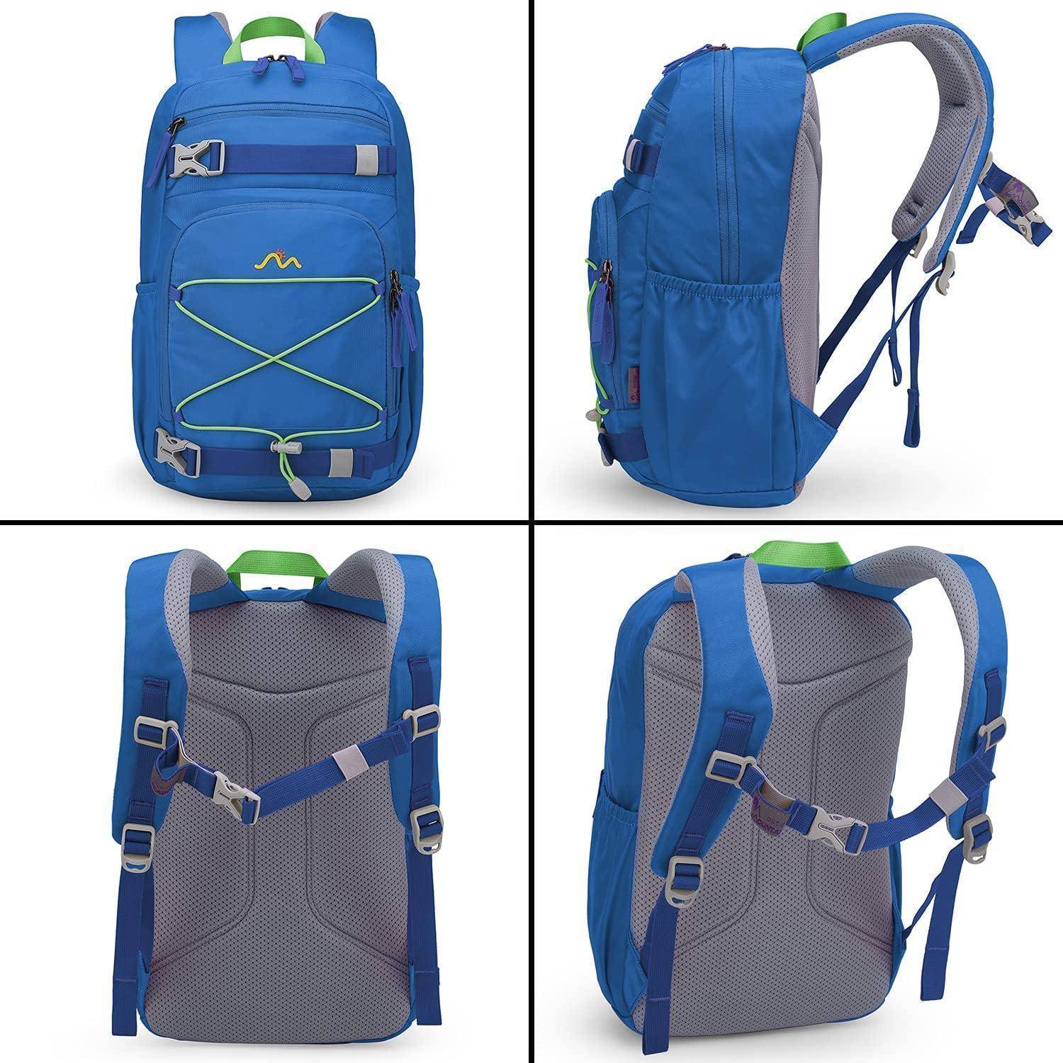 Blauer und grauer Rucksack mit verstellbaren Trägern, Netz-Rückenpanel, Frontbungee-Kordel, Seitentaschen und Tragegriff. Von vorne, hinten und den Seiten gezeigt.
