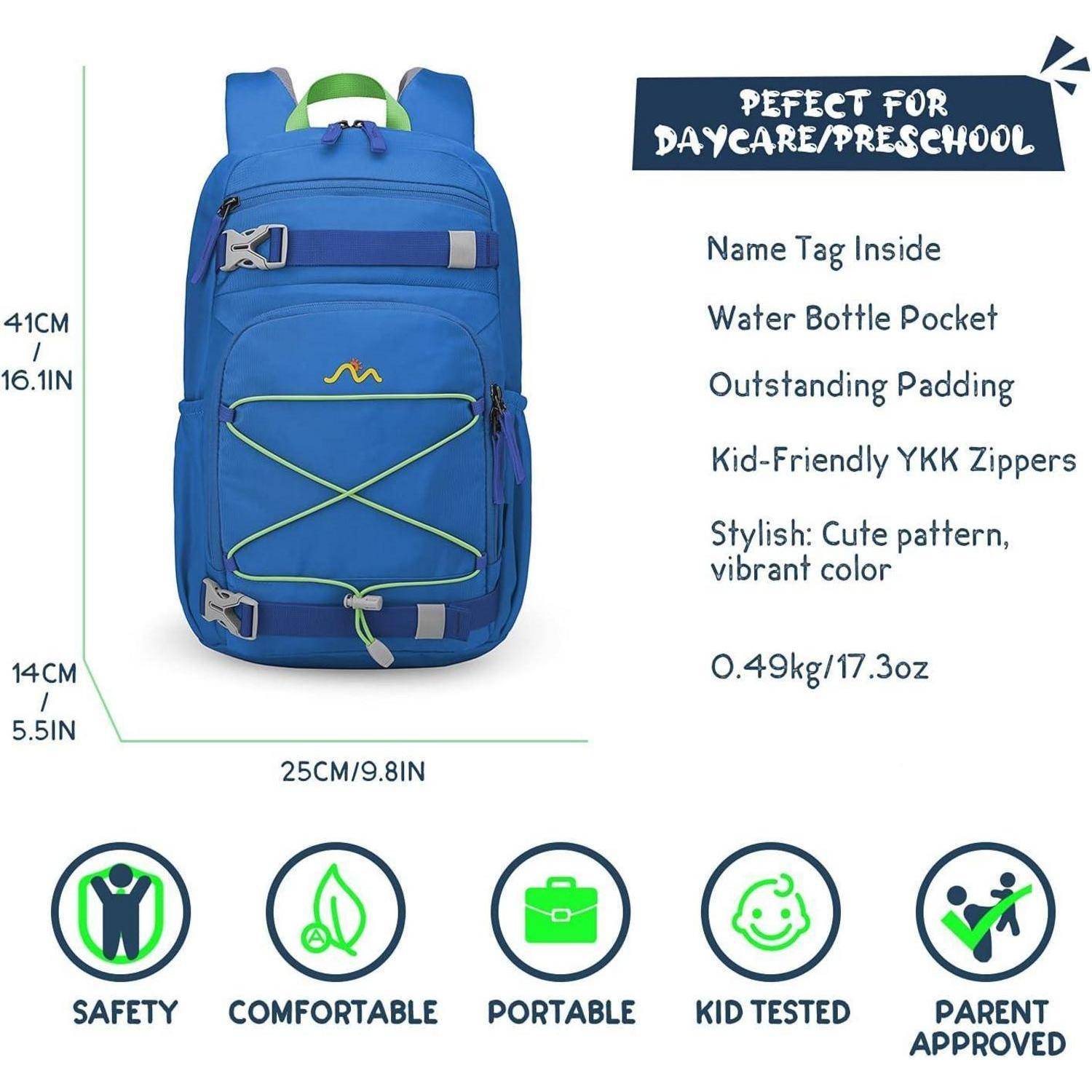 Blauer Rucksack für Kindergarten/Vorschule mit Eigenschaften: Namensschild, Wasserflaschenfach, kindgerechte Reißverschlüsse. Größe: 25x41x14 cm, 0,49 kg.